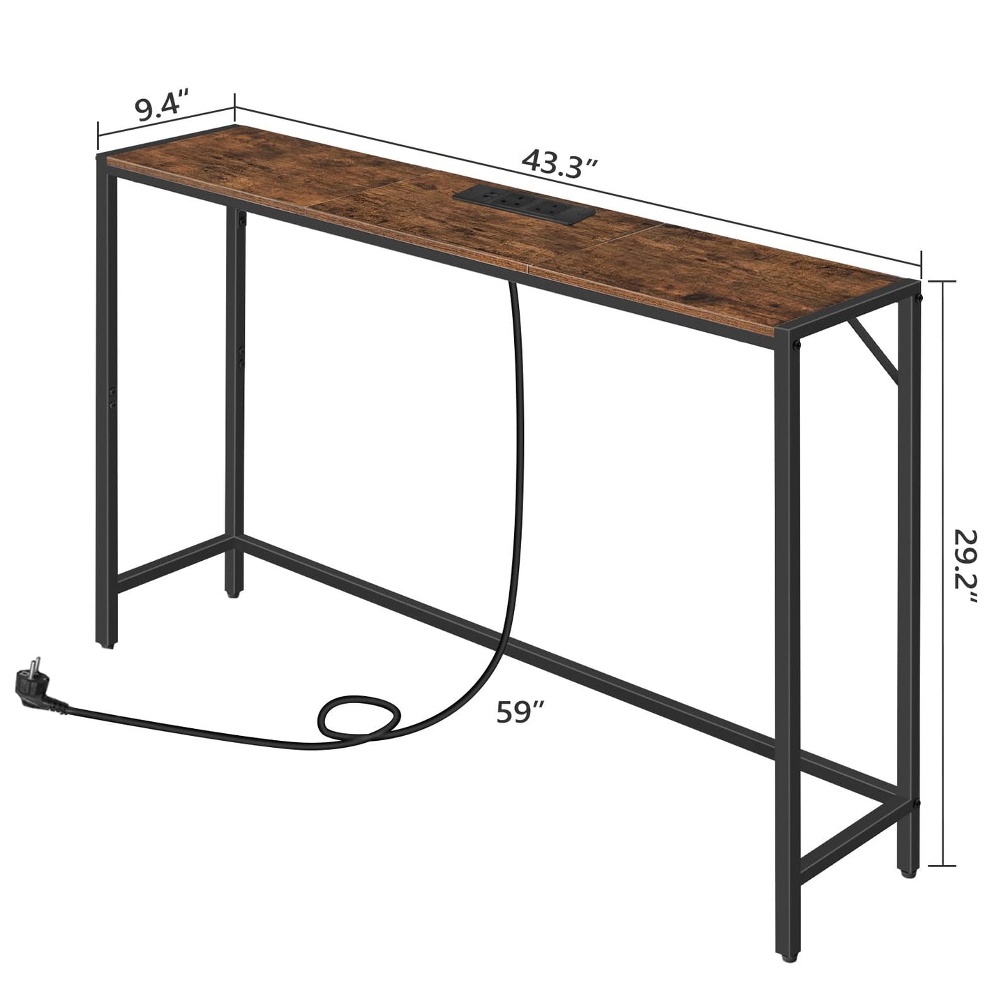 MAHANCRIS Console Table, Narrow Sofa Table, 43.3” Entrance Table with Power Station, Behind Couch Table, Simple Style, for Living Room, Hallway, Entryway, Foyer, Rustic Brown and Black CTHR112E01