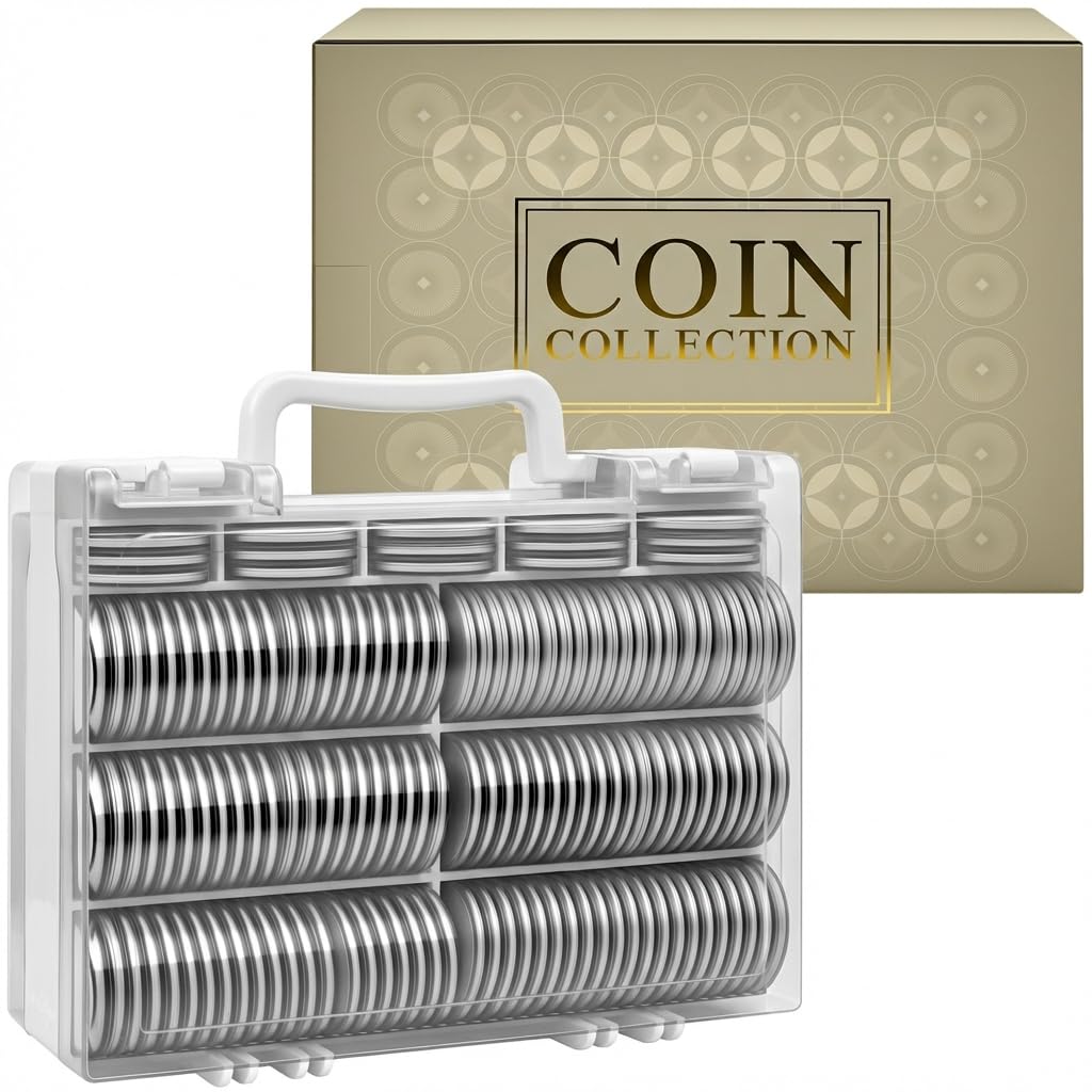 Coin Collector Case Holder with 141 pcs Capsules with Foam Gaskets & 220 Dollar Bill Sleeve - All-in-One Coin Collection Supplies Storage Box for Secure Coin and Paper Money- White