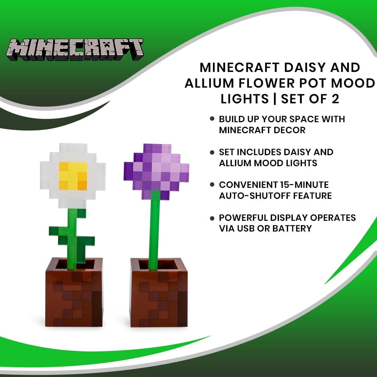 Minecraft Daisy and Allium Flower Pot Mood Lights, Set of 2 | Nightstand Table Lamp with LED Light for Bedroom, Desk, Living Room | Home Decor Room Essentials | Video Game Gifts and Collectibles