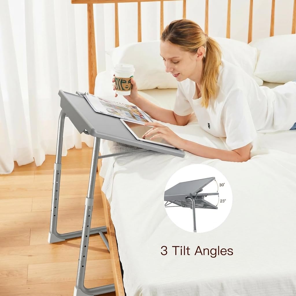 HUANUO Adjustable TV Tray Table - TV Dinner Tray on Bed & Sofa, Comfortable Folding Table with 6 Height & 3 Tilt Angle Adjustments (Gray)