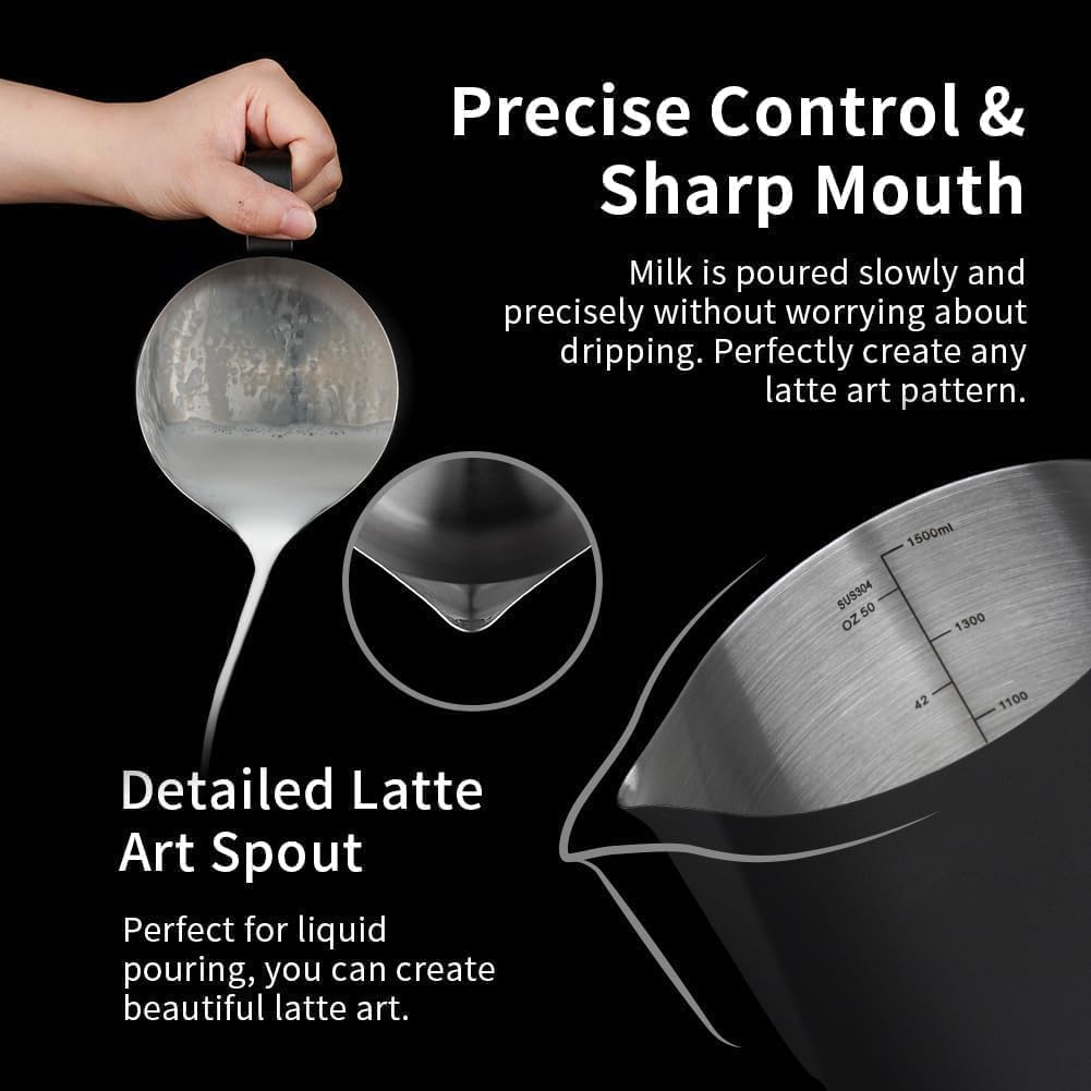 watchget Milk Frothing Pitcher 50oz/1500ml - Stainless Steel Espresso Steaming Pitcher for Cappuccino, Latte Art, Coffee Machine Accessories Milk Jug Frother Cup, Black