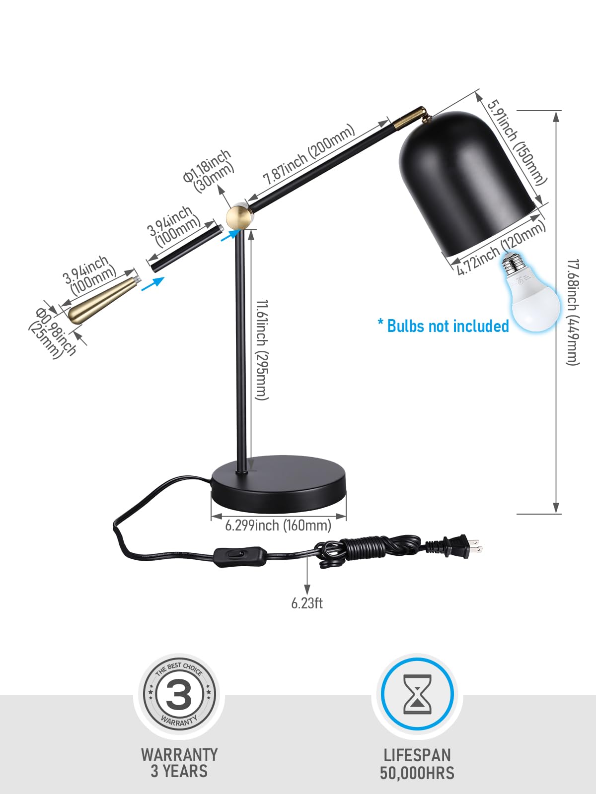 TORCHSTAR Adjustable Desk Lamp Aesthetic, AC 110-120V, Swing Arm Task Desk Lamp, Max 60W, E26 Base, Bulb Not Included, Metal Decor Desktop Lamp with On/Off Switch, for Work, Study, Home Office, Black