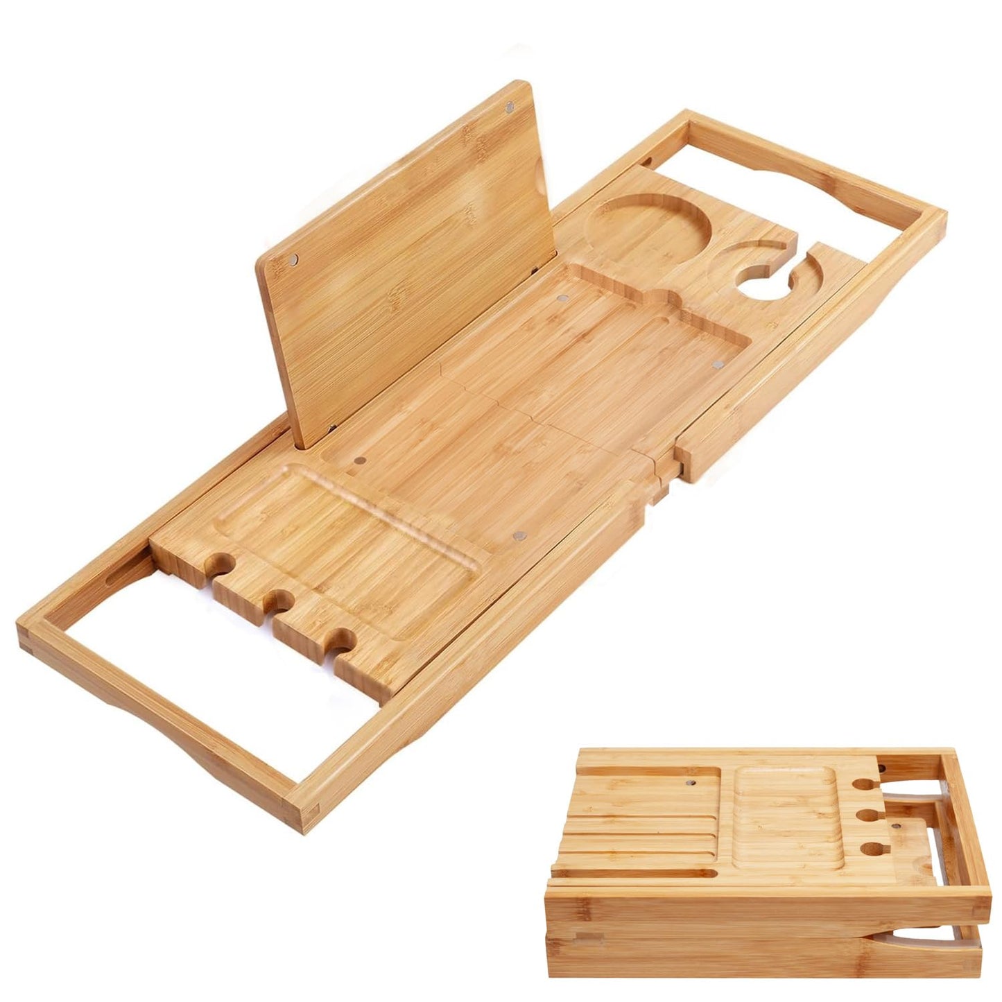 Utoplike Bamboo Bathtub Caddy Tray Bath Tray for Tub, Adjustable Bathroom Bathtub Organizer with Book Tablet Wine Glass Cup Towel Holder (24.5"-37.4")