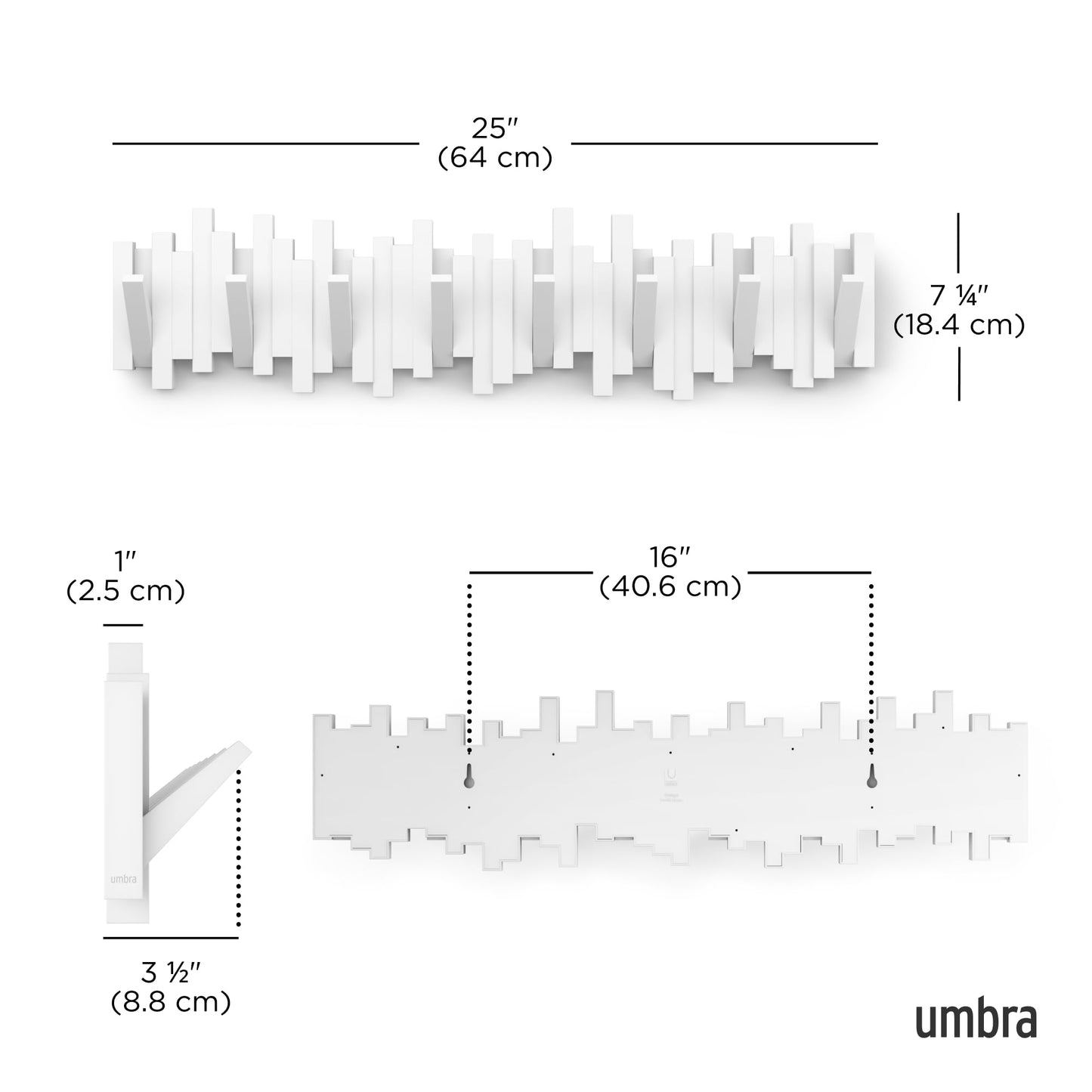 Umbra Sticks Wall-Mounted Coat Rack Rail Hook with 8 Retractable Pegs – Modern, Space-Saving Storage Organizer, White