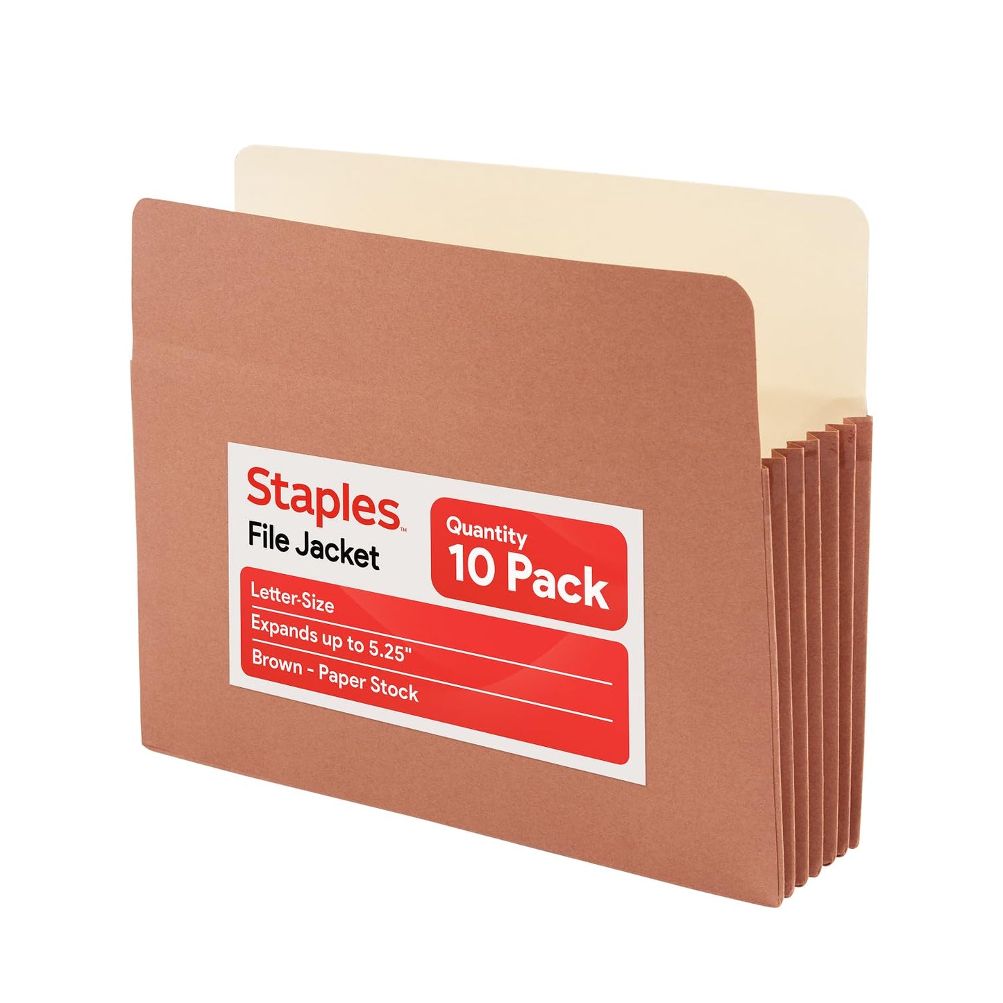 Staples Reinforced File Pockets, Letter Size, Expands Up to 5.25", Heavy‑Duty Brown Accordion Folders with Strong Gussets – 10/Pack