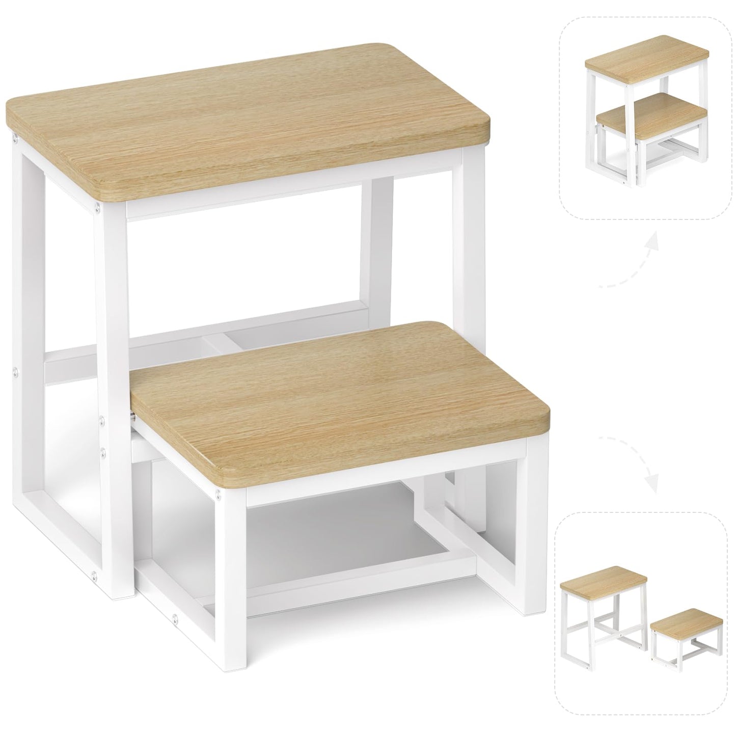 iTsst Step Stool for Adults,Holds up to 500Lb,3 in1 Heavy Duty Sturdy Two Step Stool for Kichen/Bathroom/High beds, Wooden&Metal Frame, Non-Slip Pads (SK402M)