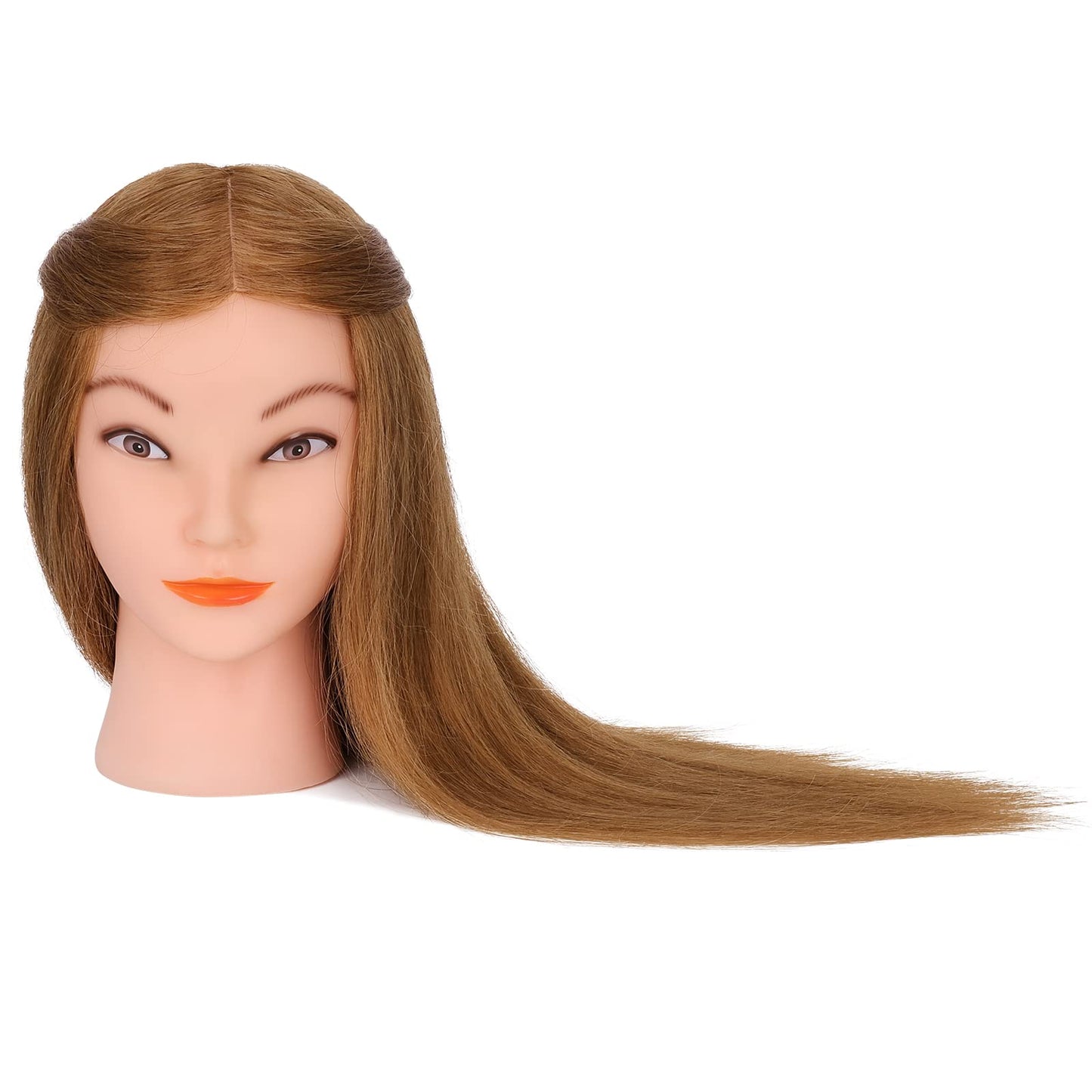 Mannequin Head with 100% Real Hair, TopDirect 18" Brown Real Hair Cosmetology Manikin Head Hairs Styling Hairdressing Practice Training Doll Heads with Clamp Holder and Tools