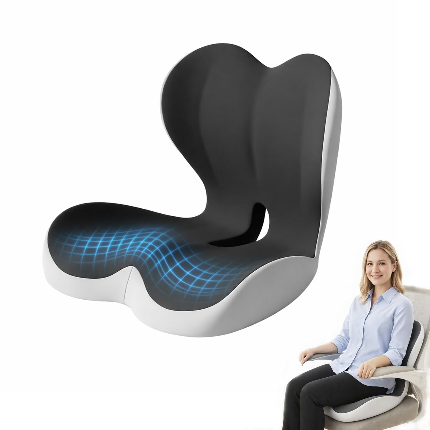 Ergonomic Seat Cushion Set with Lumbar Support Pillow, High-Density Memory Foam Cushion with Non-Slip Base, Posture Support Cushion for Office Chair, Home Chair, Car Seat (Dark Gray + Light Gray)