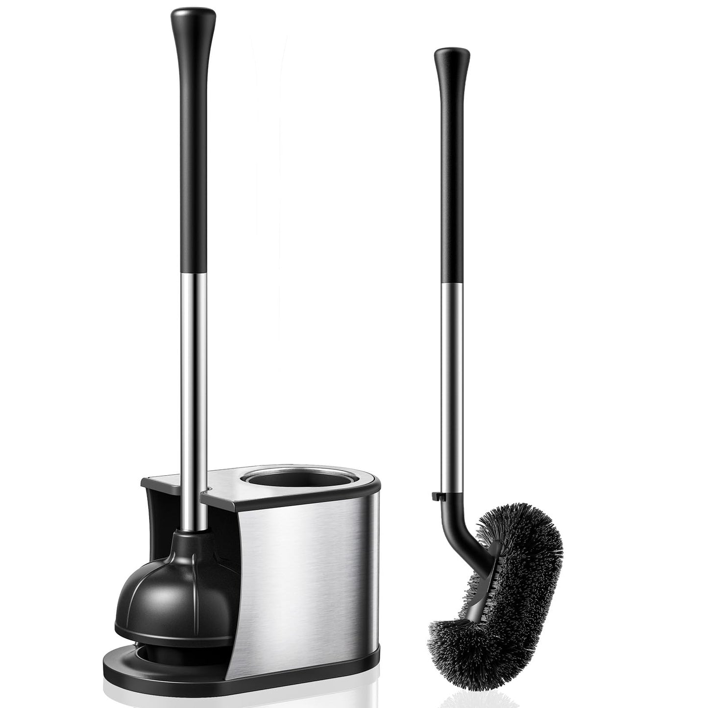 HAMITOR Toilet Plunger and Brush Set: 2 in 1 Stainless Steel Rustproof Combo with Deep Cleaning Curved Bristles - Heavy Duty Toilet Unclogging for Family Bathroom - Compact Apartment Accessories