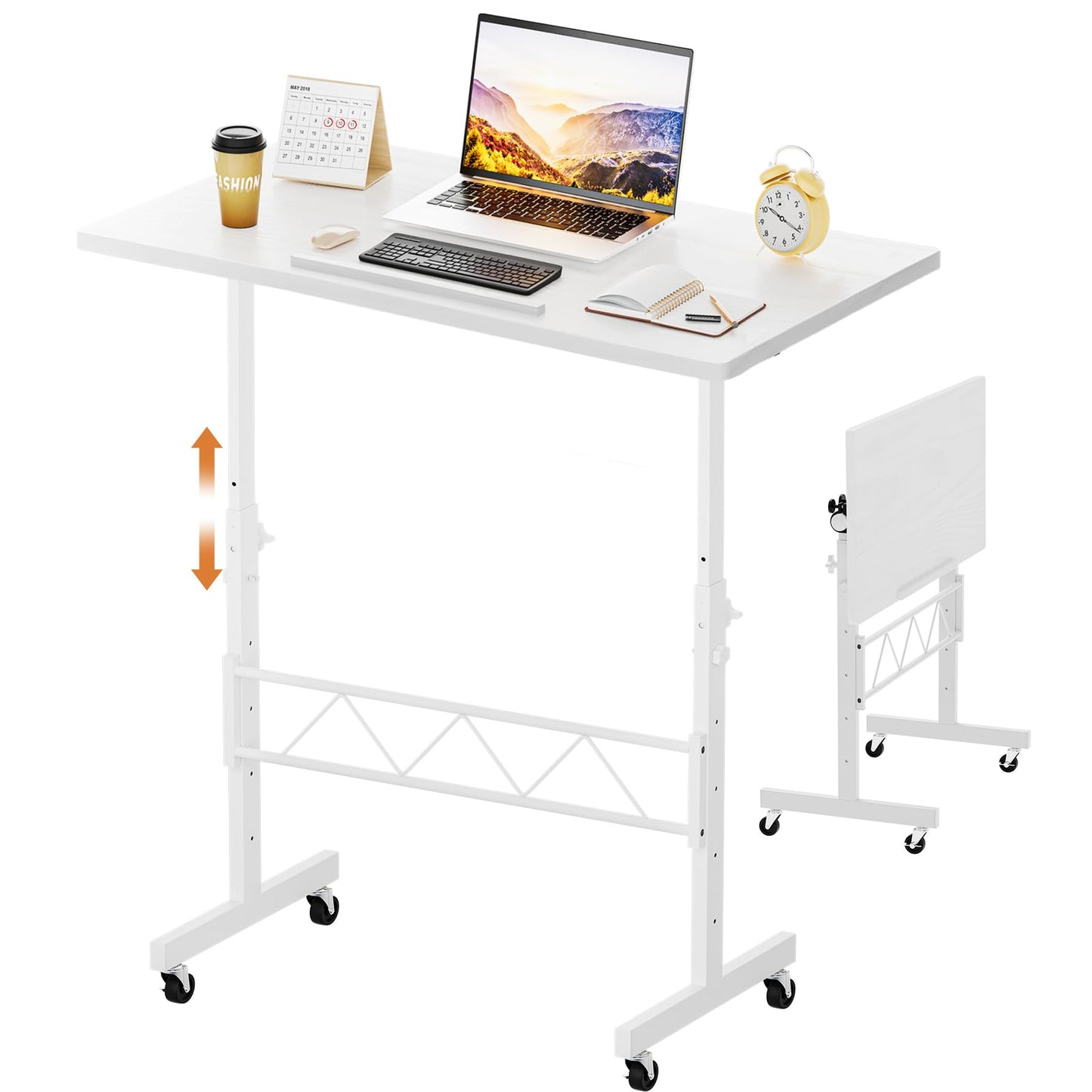 COMHOMA Standing Desk Adjustable Height & Tiltable Tabletop, Portable Stand Up Desk for Laptop, Mobile Folding Desk for Home Office Work and Walking Pad Treadmill, Height 30.7"-46.4", White