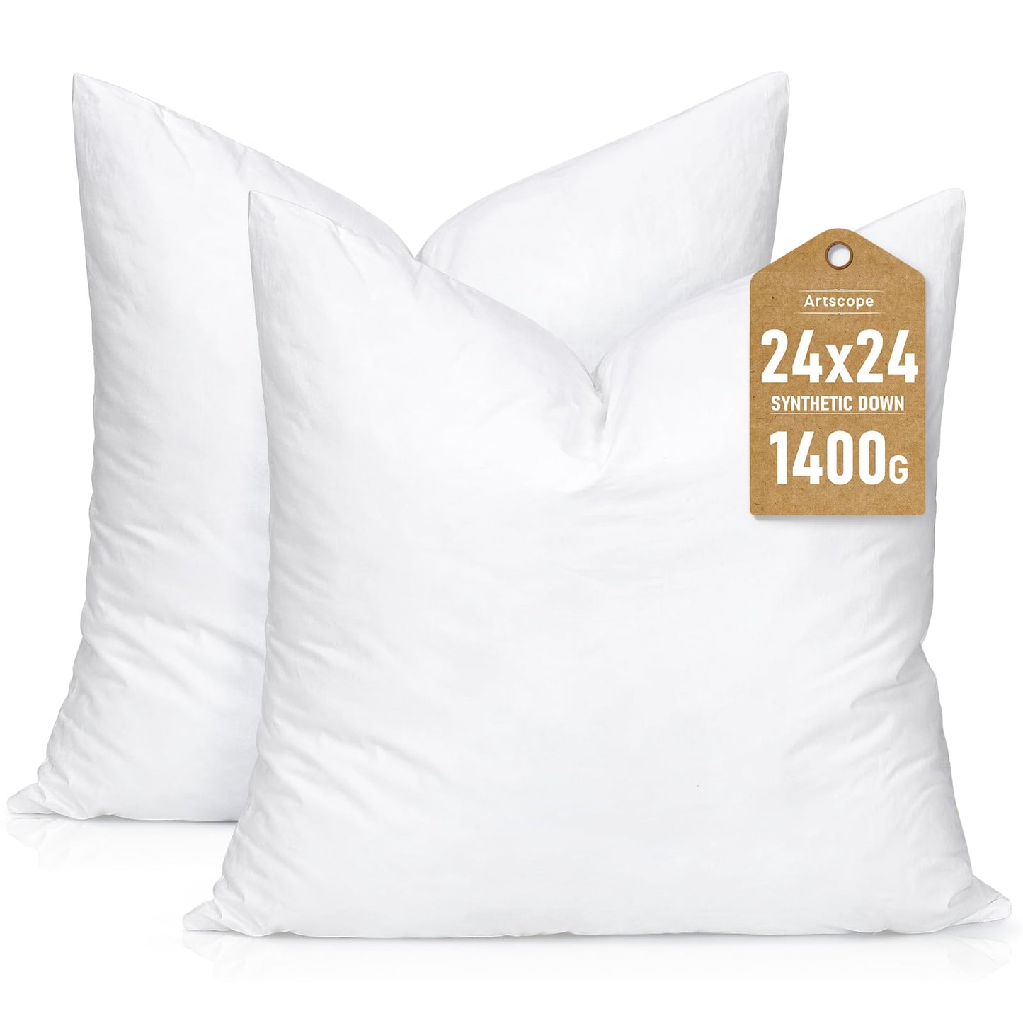 Artscope Synthetic Down Pillow Insert, 24x24 Down Alternative Throw Pillow Insert. Ultra Soft Fluffy Sleeping Pillow with 100% Cotton Cover, Decorative Pillows Set of 2-White.