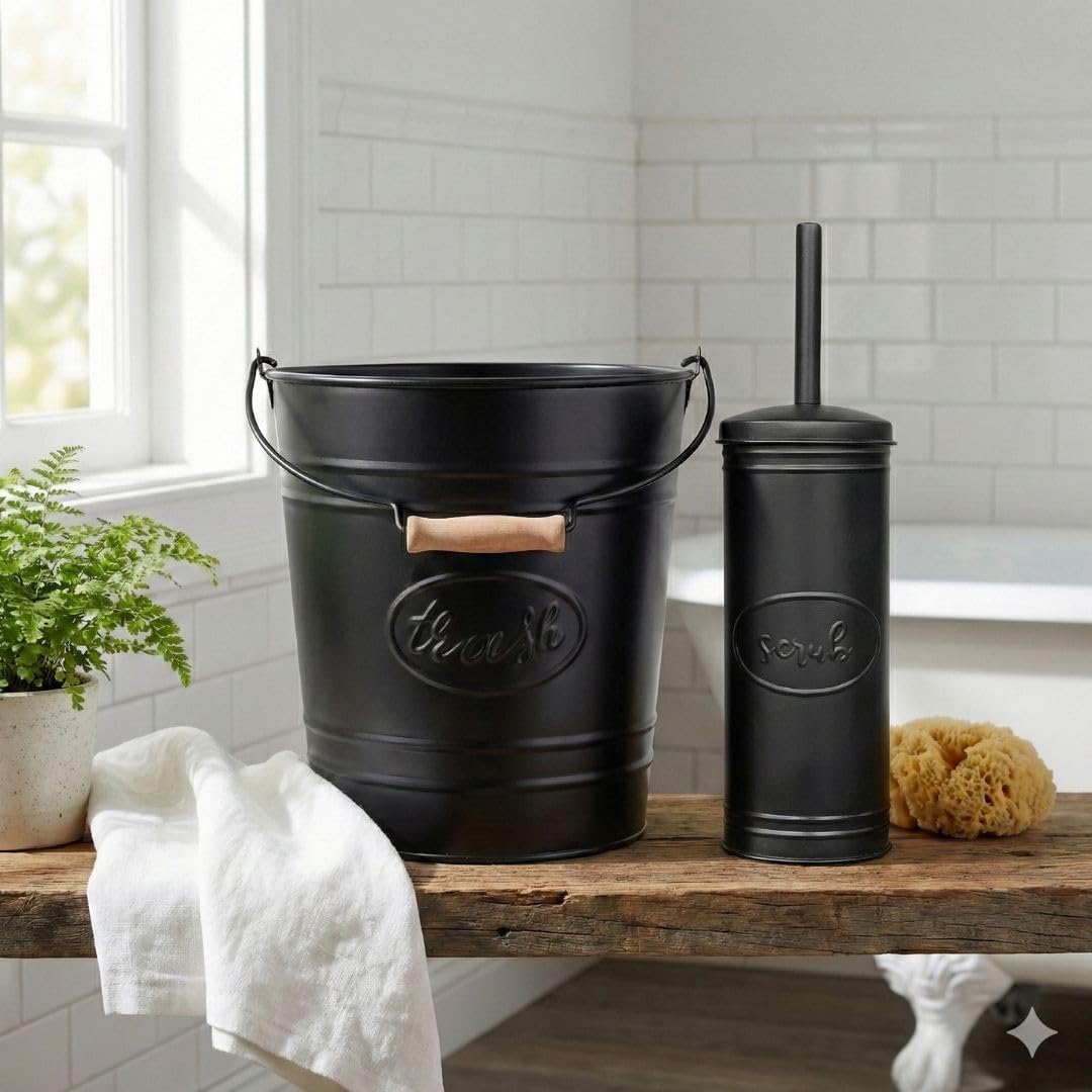 Autumn Alley Farmhouse Bathroom Trash Can and Toilet Brush Set - Rustic Bathroom Accessories for Charming Bathroom Décor, Matte Black Heavy Gauge Metal