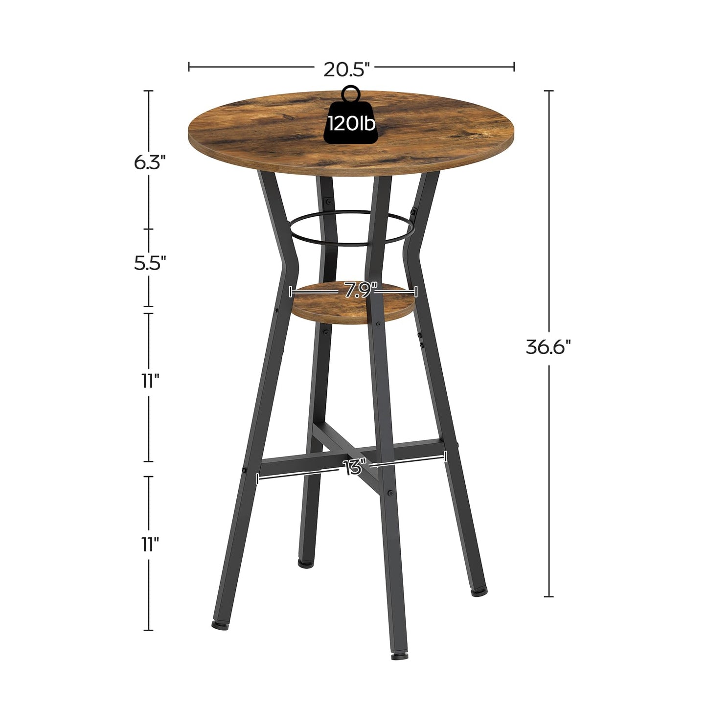 YATINEY Bar Table, 2-Tier Round High Top Table, Pub Table, Home Bar Counter Height Tables, Bistro Tables, for Kitchen, Living Room, Meeting Room, Pub, Rustic Brown and Black BT03BR
