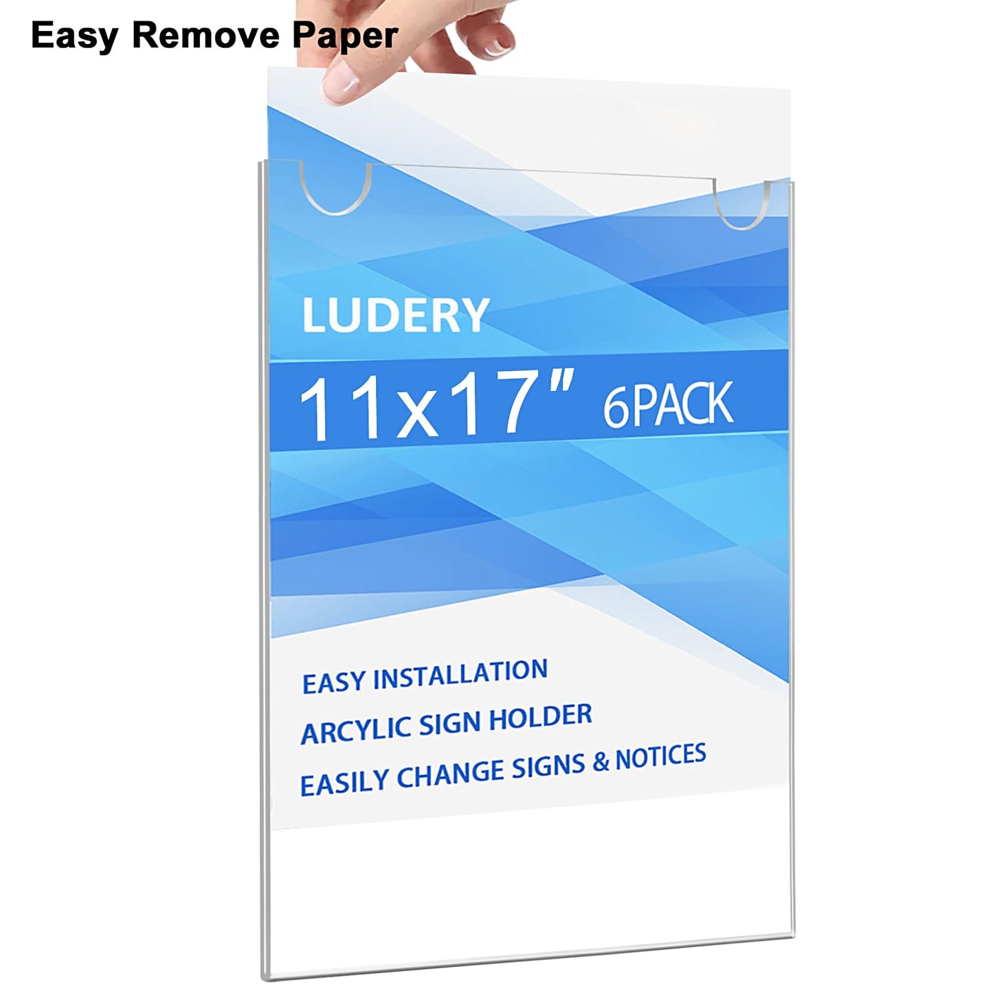 Acrylic Sign Holder 11x17 Vertical, Wall Mount Document Holder, Clear Plastic Picture Frame with Tape Adhesive and Screws for Office, Home, Store, Restaurant - 6 Pack