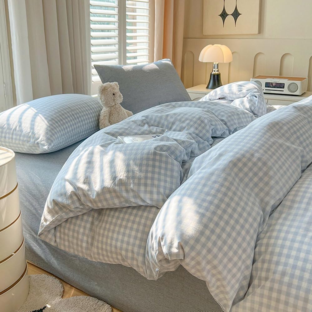 Nayoroom Gingham Duvet Cover Queen Size Blue White Plaid Checkered Comforter Cover Grid Farmhouse Bedding Set 3 Pcs Soft Breathable Washed Microfiber Gifts for Women Men