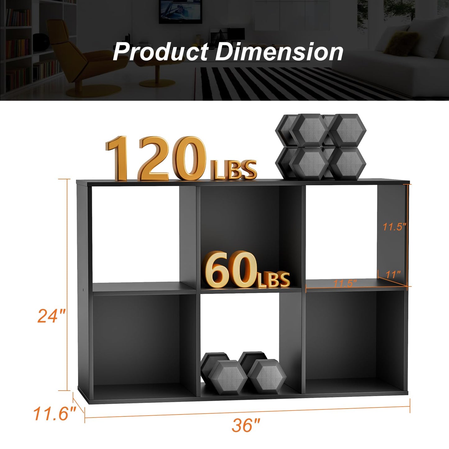 Sweetcrispy 6 Cube Storage Organizer - Open Cube Bookshelf with 3 Removable Back Panels, Display Storage Bookcase for Living Room, Bedroom, Entrance Hall, Home Office，36" L×11.6" W×24" H, Deep Black