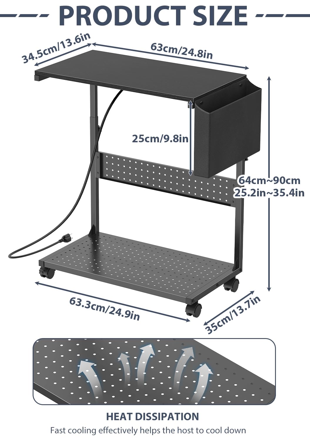 Adjustable Computer Tower Stand with Charge Station,Heavy-Duty Rolling PC Stand, CPU Tower Cart with Wheels for ATX Gaming Computer,Under Desk Holder,Black