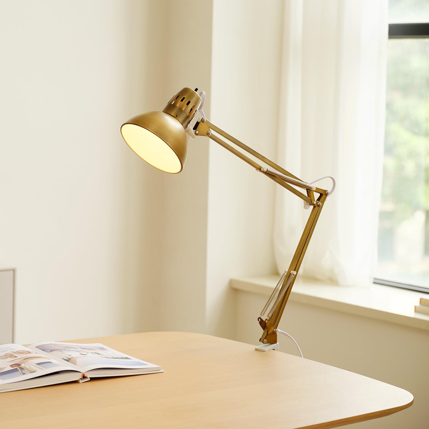 Globe Electric 52847 31.5 Inch Swing Arm Clamp-On White Desk Lamp with Nickel Accents, On/Off Rotary Switch, Book Reading Light, Home Essentials, Office Décor, LED Bulb Compatible