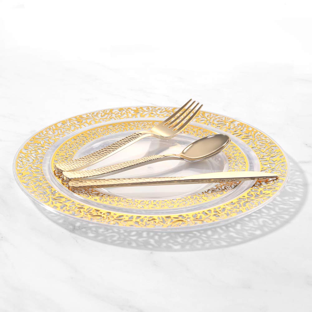 Supernal 360pcs Gold Plastic Silverware Set - Heavy Duty Disposable Cutlery (120 Forks, 120 Spoons, 120 Knives) - Elegant Hammered Finish, Premium Plastic Flatware for Weddings, Parties & Catering