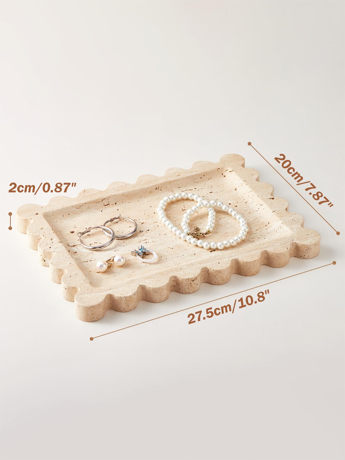 Denique Natural Travertine Tray with Scalloped Edge, 10.8x8 Rectangle Vanity Tray for Bathroom Kitchen Countertop, Beige Decorative Stone Storage Tray for Dresser Home Decor