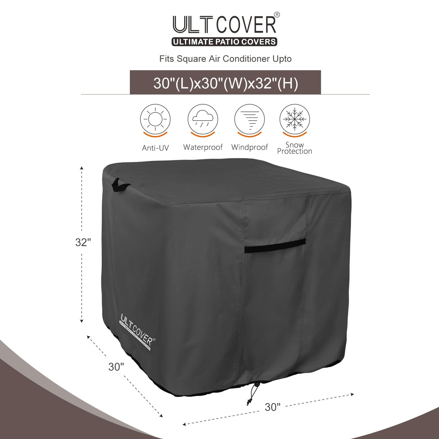 ULTCOVER Waterproof Square Air Conditioner Cover for Outside AC Units Size Upto 30W x 30D x 32H inch, Black
