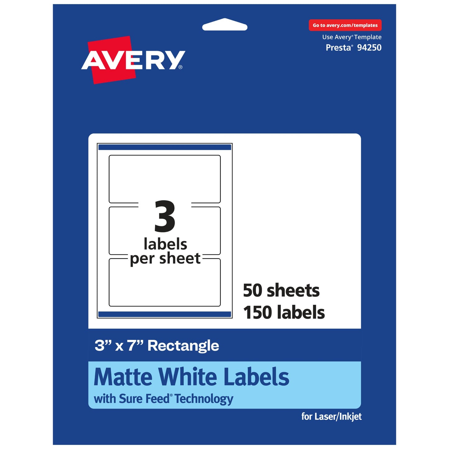 Avery Matte White Rectangle Labels, Sure Feed Technology, 3" x 7", 150 Matte White Printable Labels