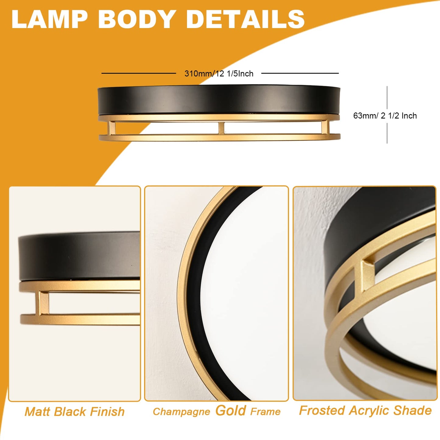 Flynix 12.5 Inch LED Flush Mount Ceiling Light Fixture, 26W, Super Bright 1700 Lumens, 3 Color 3000K/4000K/5000K, Dimmable Ceiling Lamp for Bedroom Hallway Bathroom Kitchen Laundry (Black Gold)