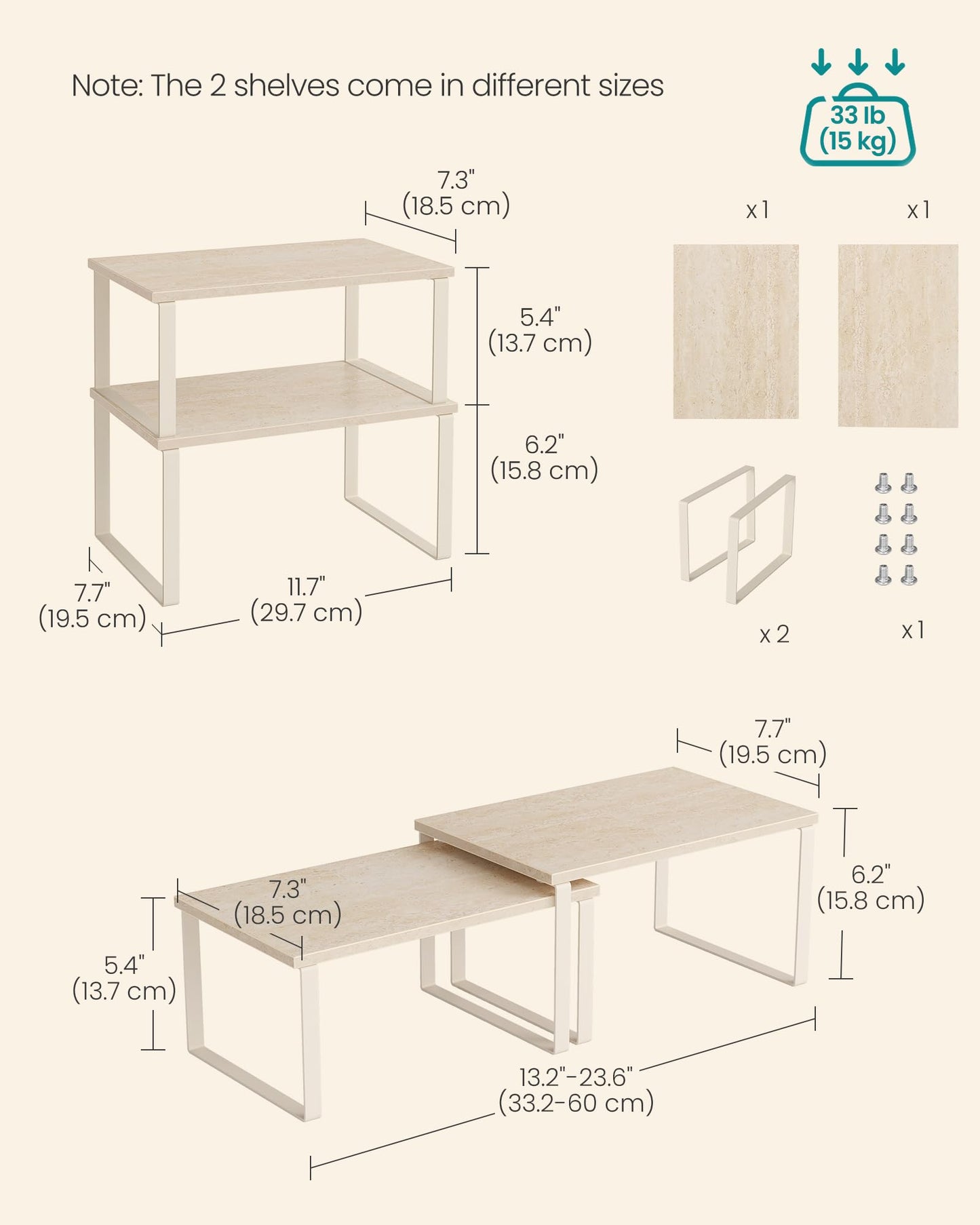SONGMICS Cabinet Organizer Shelf, Set of 2 Kitchen Counter Shelves, Kitchen Storage, Spice Rack, Stackable, Expandable, Metal and Engineered Wood, Travertine Beige and Cream White UKCS020L01