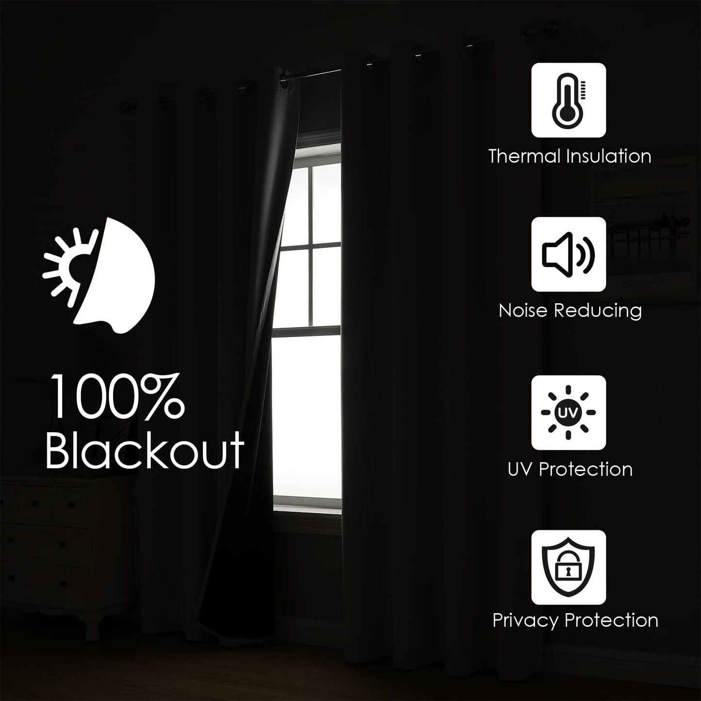 ChrisDowa 100% Blackout Curtains for Bedroom with Black Liner, 2 Thick Layers Total Blackout Thermal Insulated Grommet Window Curtains 72 Inch Length 2 Panels Set (Light Grey, 52 x 72 Inch)