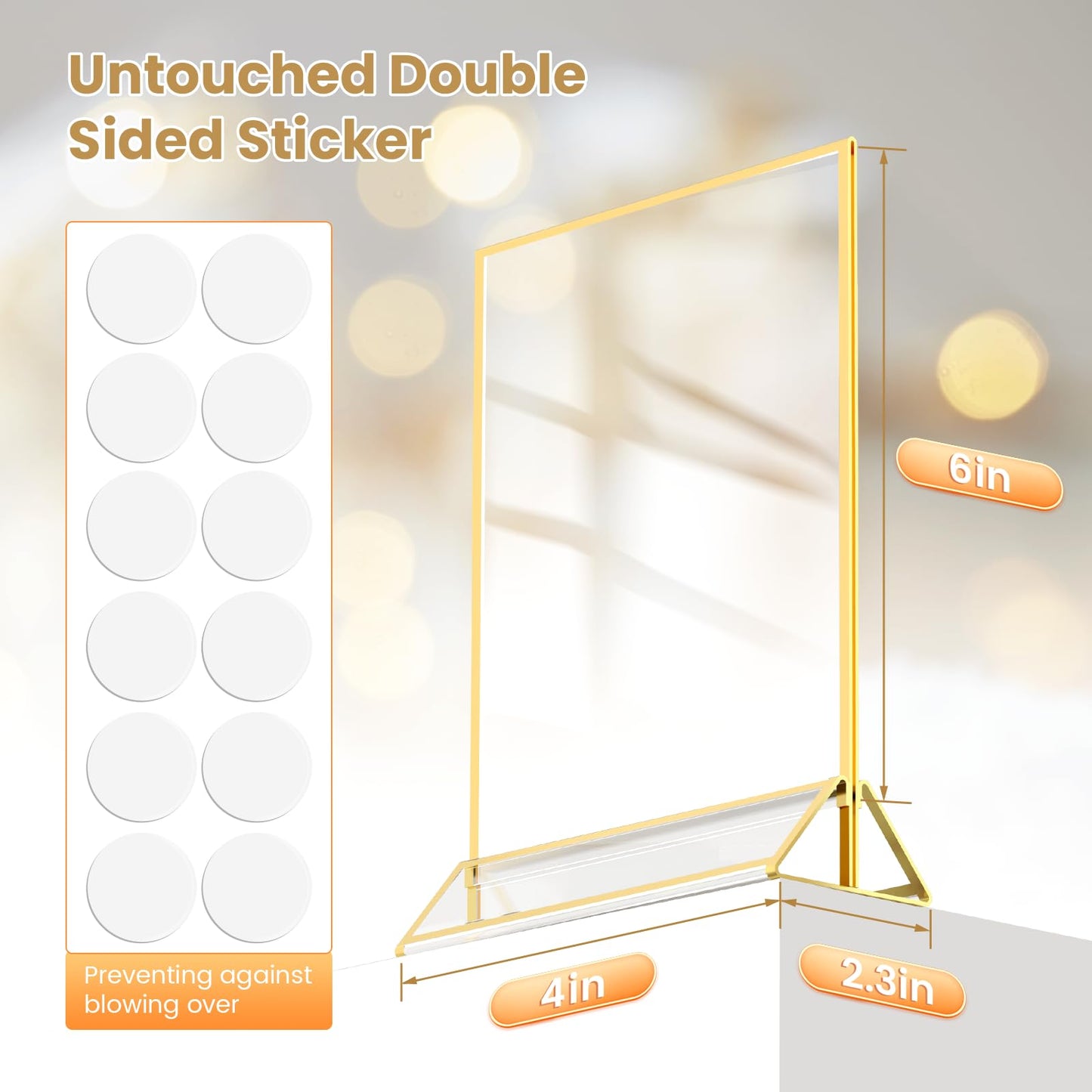 YOAEAILY Gold Frames 4X6 Acrylic Sign Holder Double-Sided Gold Picture Frames for Menu Holder Wedding Table Number Holder Christmas Photo Frames with Removable Clear Sticky Dots-12 Pack