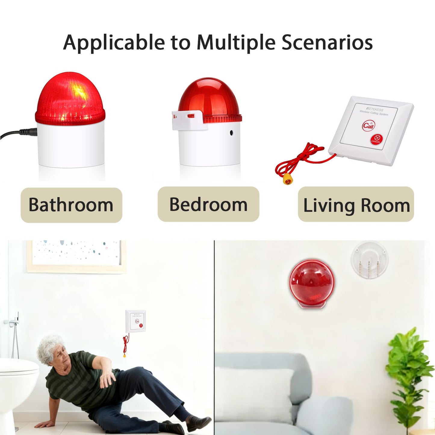 Retekess TH103 Caregiver Pager System,Wireless Strobe Siren,3-Level Volume Control,Pull Rope Waterproof Call Button for Home Safety,Seniors,Elderly