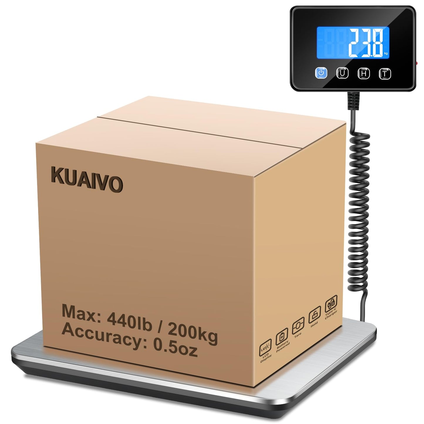 KUAIVO Luggage Scale 440lb Digital Shipping Scale with 0.35oz Accuracy, Tare/Hold, USB & Battery, Portable Postal Package Scale for Travel, Home, Office