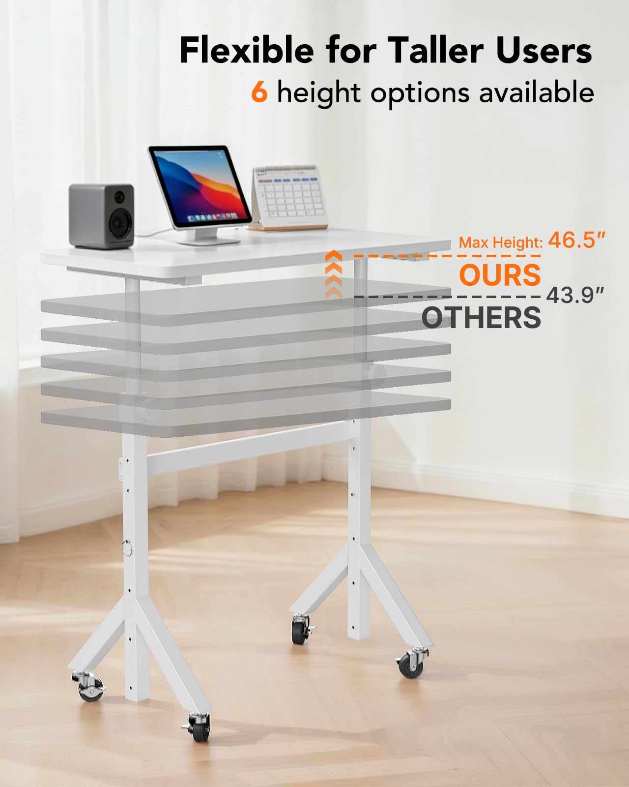 ErGear Small Standing Desk Adjustable Height, 6 Height Settings Up to 46.5″, Walking Pad Desk with Triangular Leg Design, Smooth Mobility with Lockable Wheels, Standing Desk for Walking Pad, White