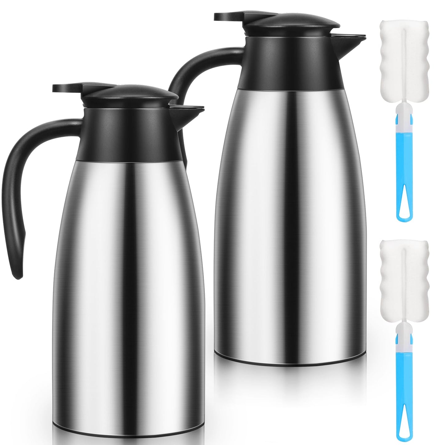 Essenya 2 PCS 68 OZ Thermal Coffee Carafe, Insulated Stainless Steel Coffee Carafe Double Walled Vacuum Thermal Pot Flask with Brushes for Keeping Hot Coffee Tea Home and Office (Silver)