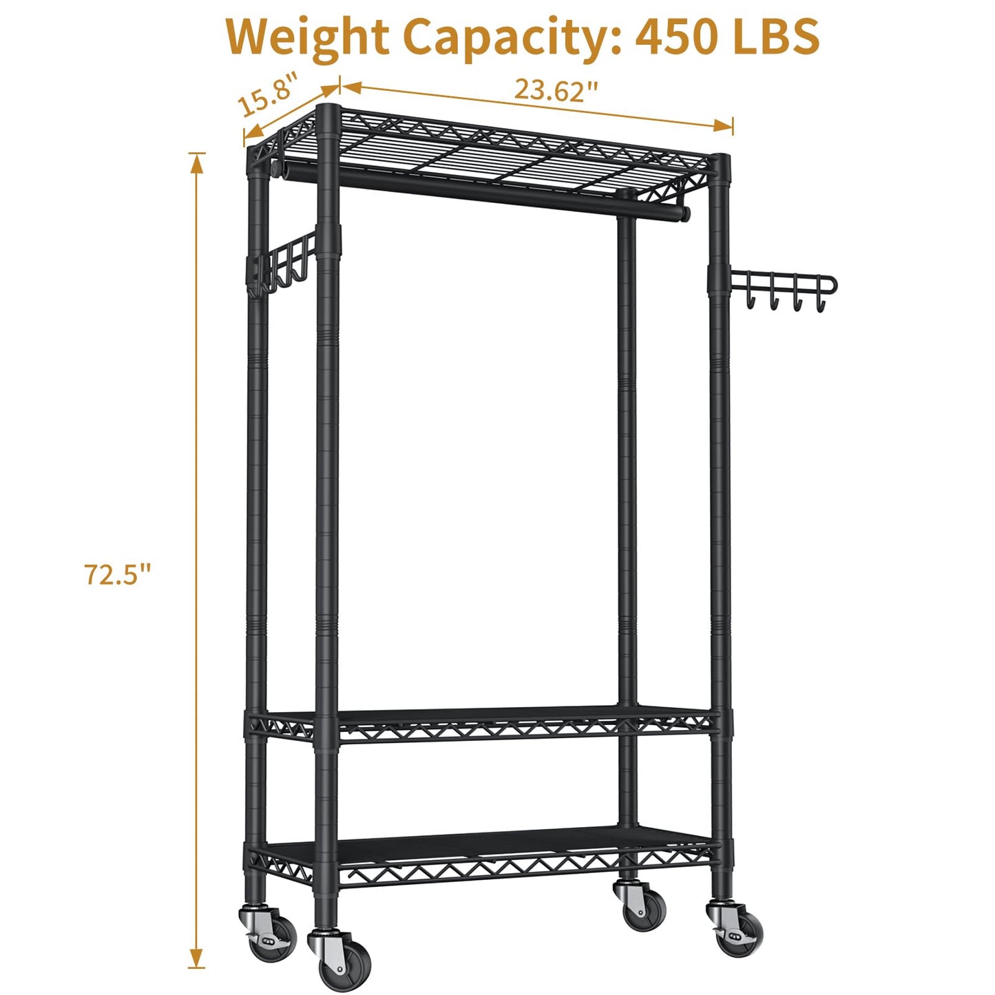 Heavy Duty Clothes Rack Rolling Garment Rack,3 Tier Adjustable Wire Shelving Clothing Racks for Hanging Clothes with Hanger Rod&Side Hooks,Freestanding Wardrobe Storage Rack Metal Portable Closet