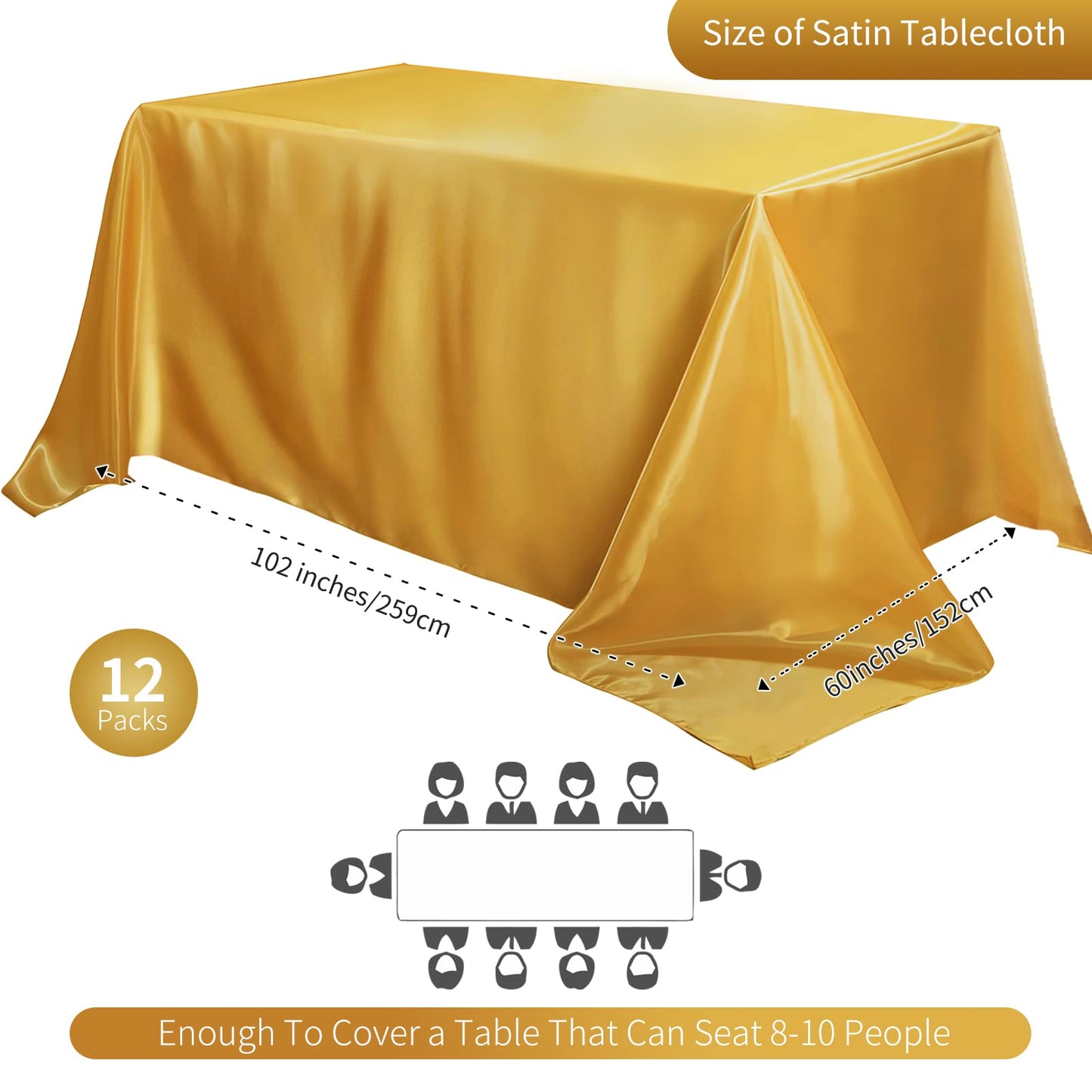 12 Pack Satin Polyester Tablecloth Rectangle Table Cloth Bright Silk Tablecloth Smooth Fabric for Wedding Banquet Party Events Birthday Celebration Anniversary Engagement Table Decor(57"x108",Gold)