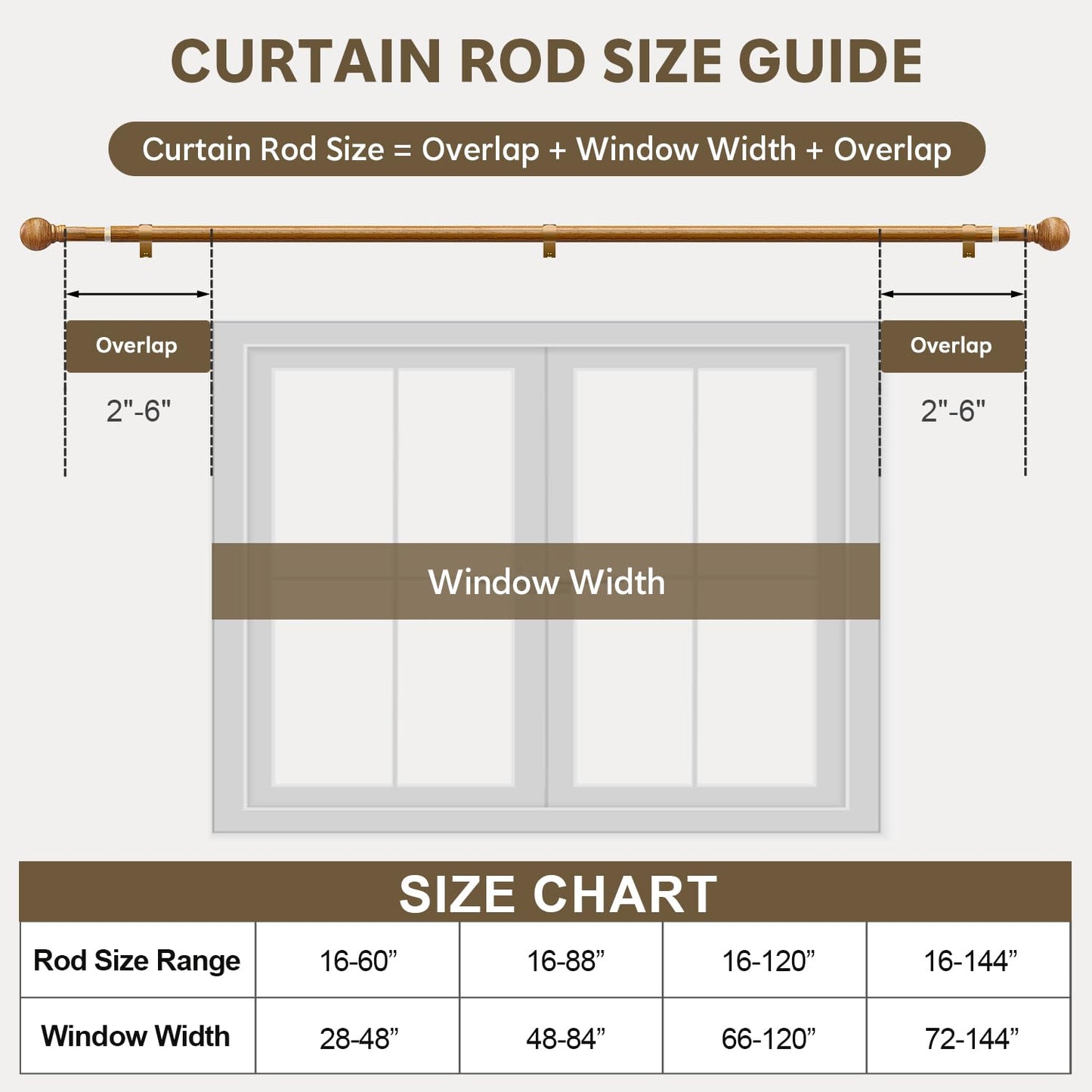 Boho Wood Curtain Rods for Windows 72 to 144 inch 1" Diameter Adjustable Heavy Duty Window Curtain Rod with Decorative Wooden Grain Finials Drapery Rods for Living Room Bedroom Kitchen Cafe Farmhouse