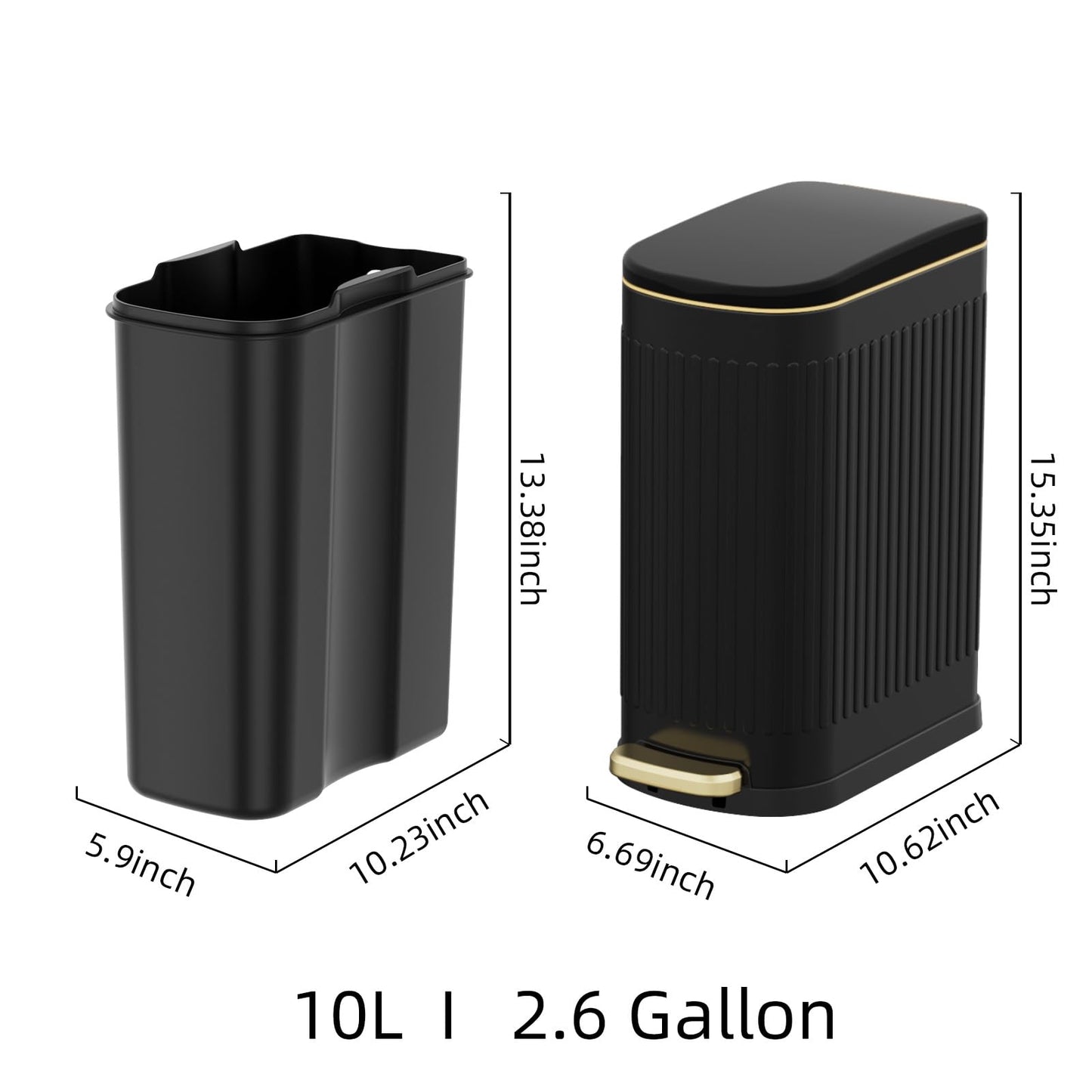 KSSKSS 2.6 Gallon Slim Bathroom Trash Can with Soft Close Lid, 10L Stainless Steel Garbage Can with Removable Liner Bucket, for Narrow Spaces, Bathroom, Bedroom (Matt Black)