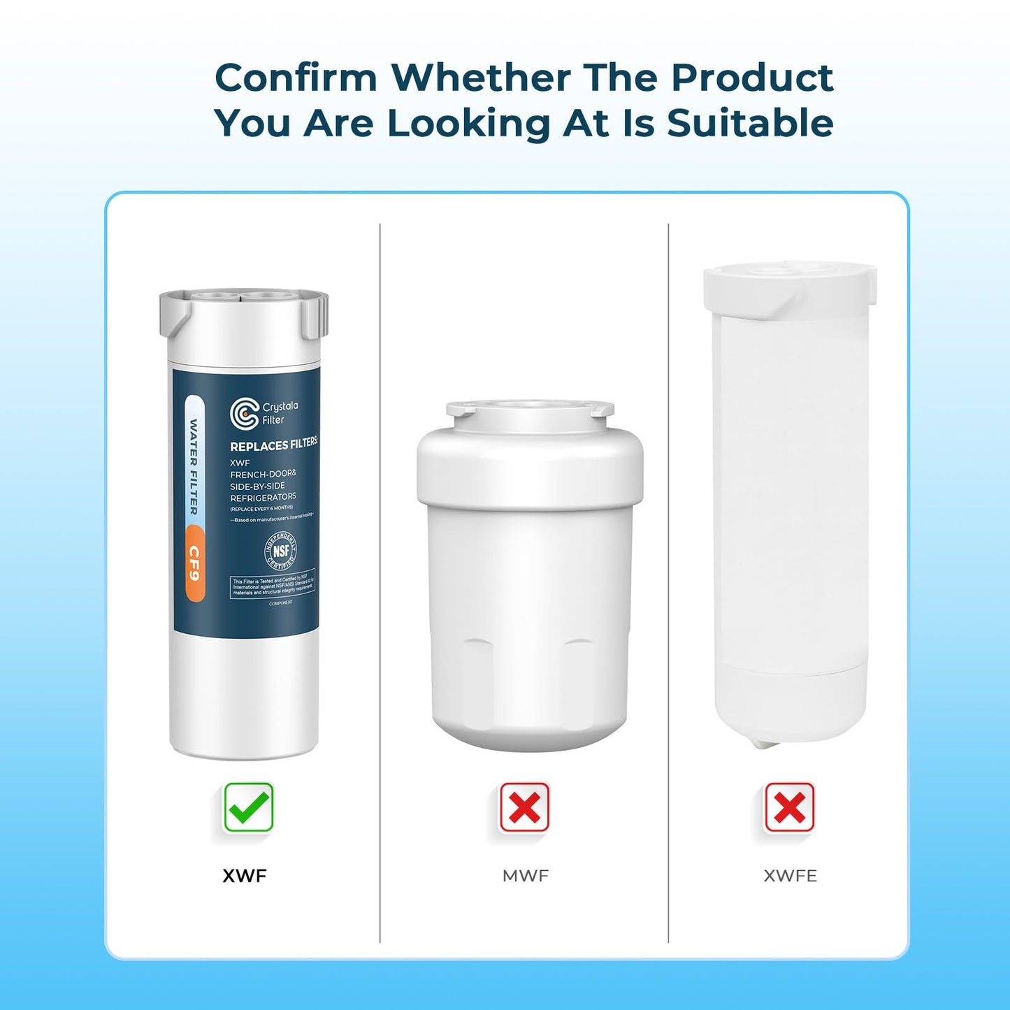 Crystala Filters XWF Water Filter, Compatible with GE XWF Refrigerator Water Filter, 4 Pack (Not XWFE)