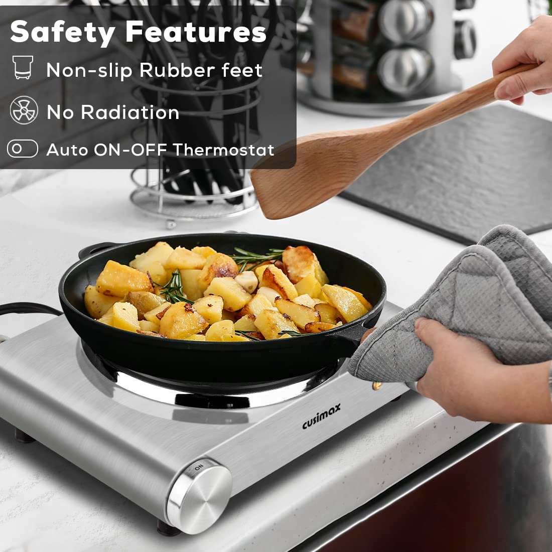 Hot Plate, CUSIMAX Electric Burner 1500W Hot Plate Cooking Single Burner Electric Stove with Heat-up in Seconds Adjustable Temperature Control Silver Stainless Steel Body, Your Kitchen Assistant