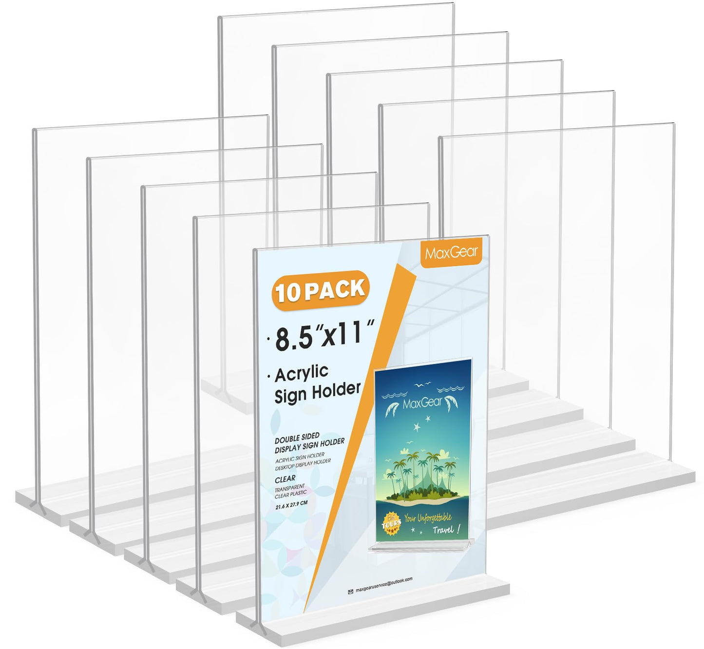 MaxGear Acrylic Sign Holder 8.5x11 Inches 10 Pack, Double Sided Clear Display Stand Table Top Paper Holder, Vertical Menu Flyer Stand, Plastic Frame for Stores, Restaurants, Hotels, Office