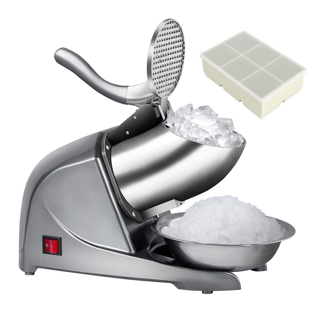 INSELY 4-Blade Ice Shaver Snow Cone Maker Prevent Splash Stainless Steel ice Crusher Machine,200lbs/hr with ice Tray for Home and Commercial Use（Silver）