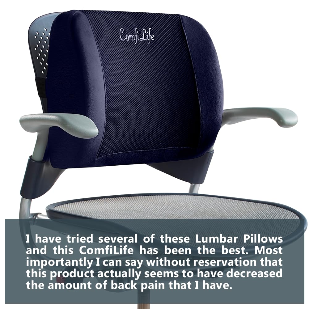ComfiLife Lumbar Support Back Pillow Office Chair and Car Seat Cushion - Memory Foam with Adjustable Strap and Breathable 3D Mesh (Navy)