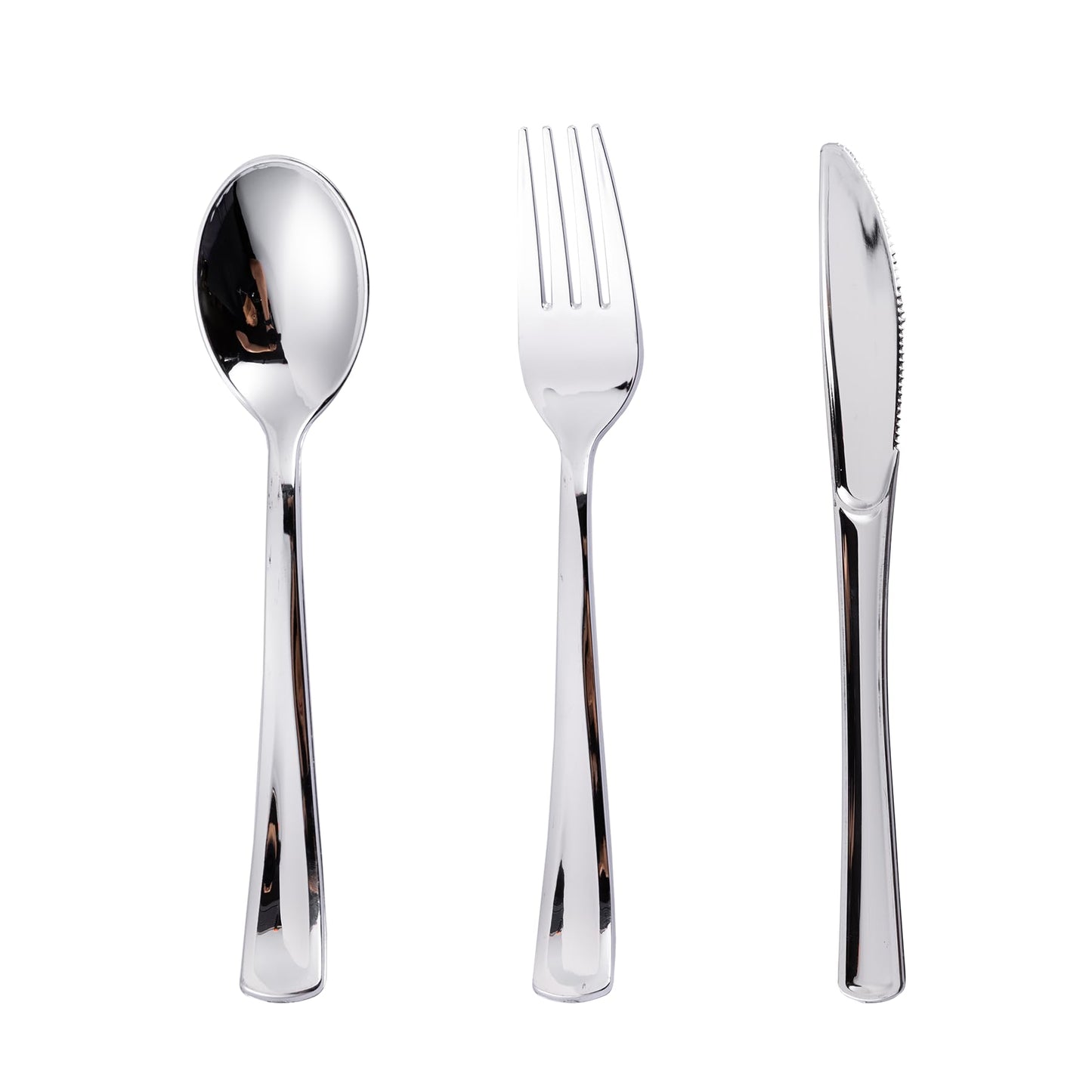 N9R 300PCS Silver Plastic Silverware Set, 100 Forks, 100 Spoons, 100 Knives, Heavy Duty Disposable Cutlery for Parties, Fancy Disposable Flatware for Weddings, and Daily Use