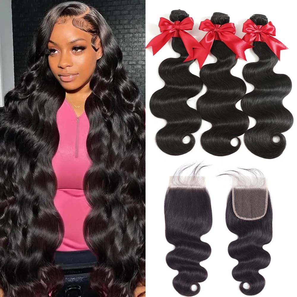 12A Human Hair Bundles with Closure 20 22 24 with 18 Inch Brazilian Body Wave Bundles Human Hair with Closure 100% Unprocessed Virgin Human Hair Weave 3 Bundles Deals with 4x4 HD Lace Closure