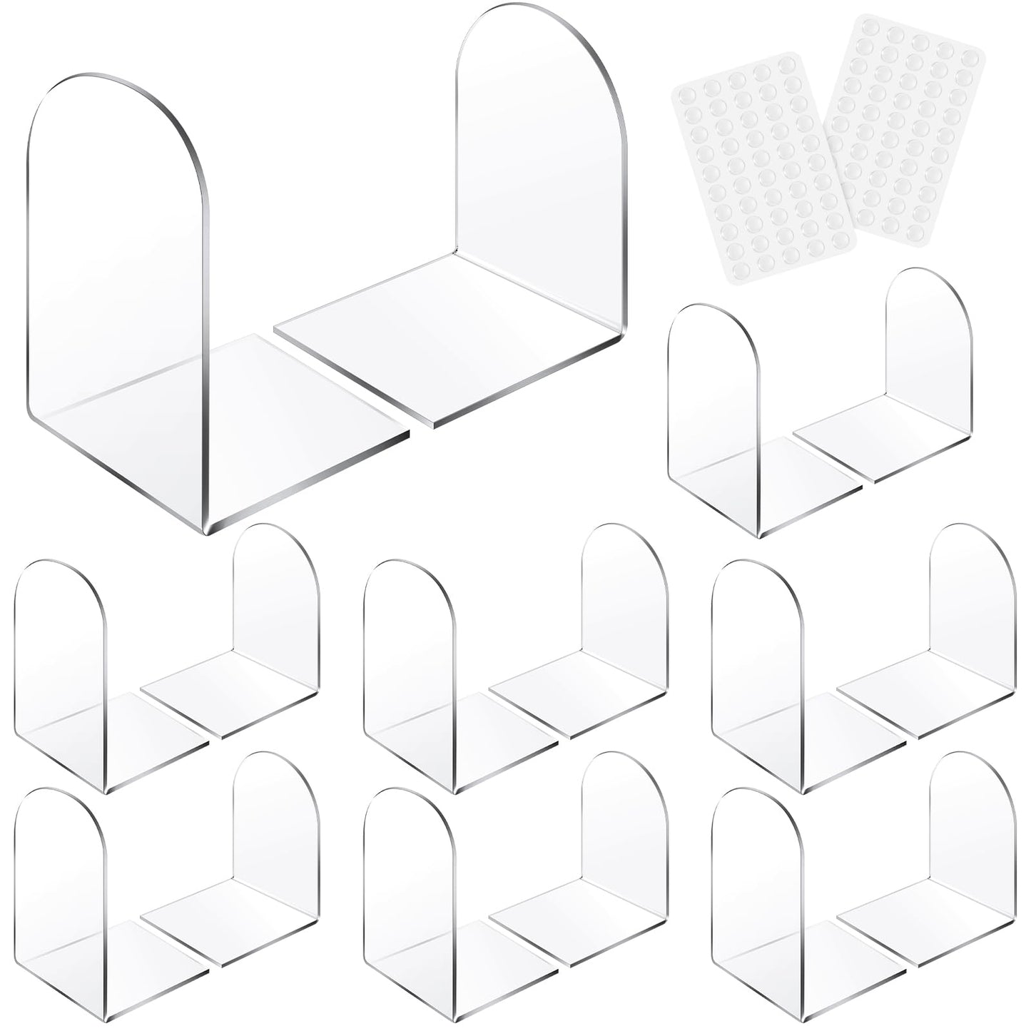Leinuosen 16 Pcs Acrylic Clear Book Ends with Silicone Pad Non Skid Book Holders Arch Shape Heavy Duty Bookends Stoppers for Movies, CDs, Video Games (Clear)