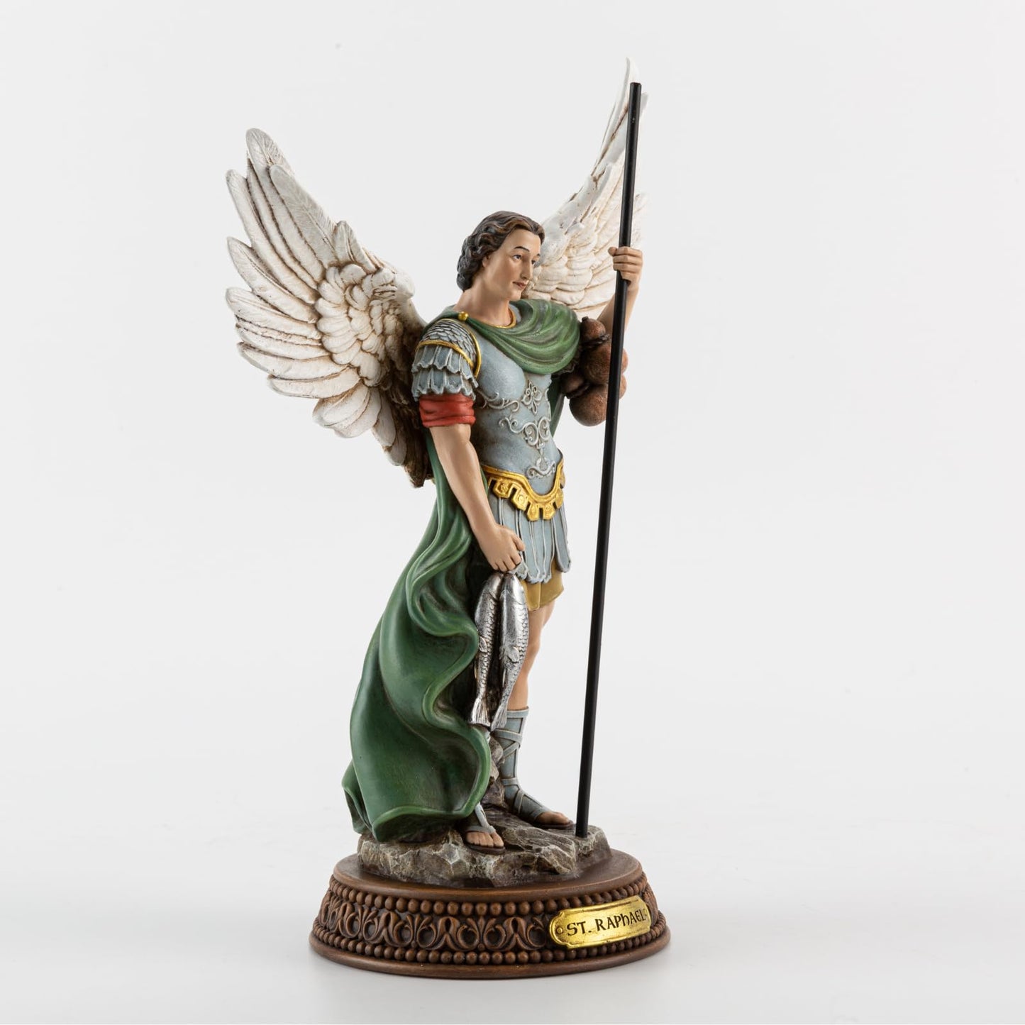 DevotedWalls 10.2"H Saint Raphael Statue Painted in Full Color, Angel St. Raphael with Name Plate on Base,Travel Protection Patron Archangel Saint St. Rafael, Estatua del Arcángel San Rafael Figurine