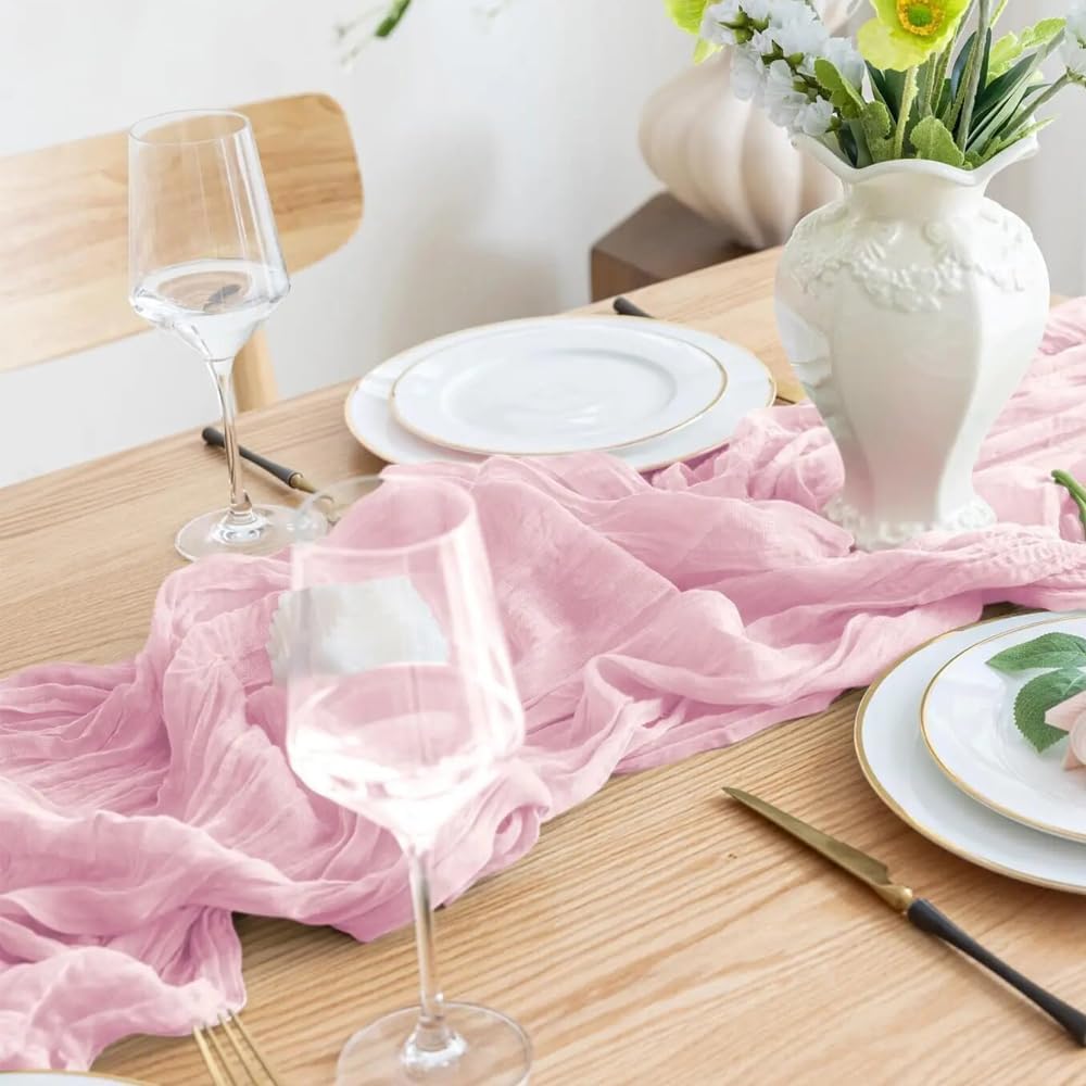 12 Pack Light Pink Cheesecloth Table Runner 35x120 Inch 10Ft Boho Gauze Fabric Table Runner Rustic Sheer Runner for Wedding Birthday Baby Shower Party Boho Table Decoration(Light Pink, 12 Pack)