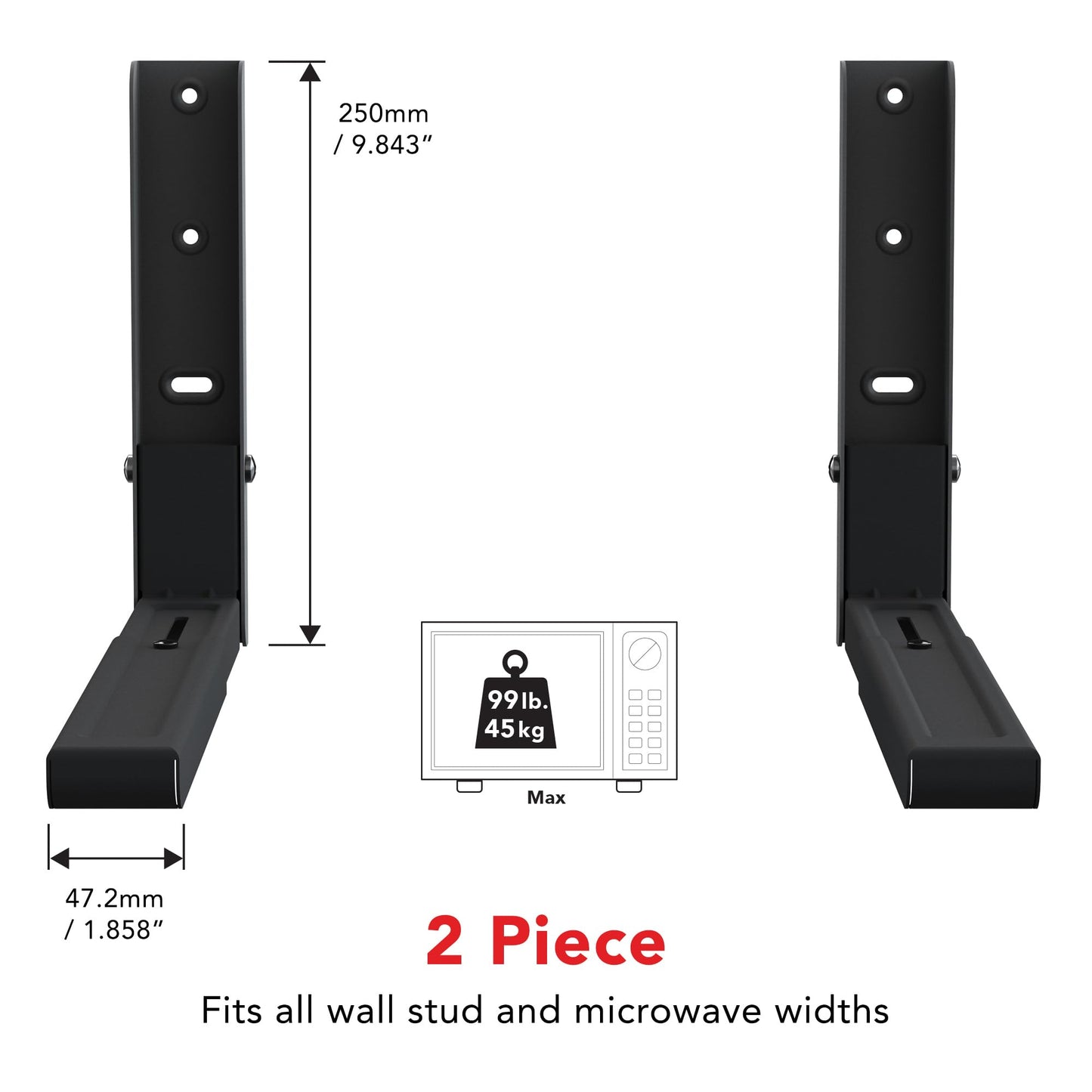 AVF Wall-Mounted Microwave Oven Brackets – Universal Fit, Heavy-Duty Black Steel – Adjustable Arms Hold Up to 99 lbs – Set of 2 Microwave Shelf Support Brackets