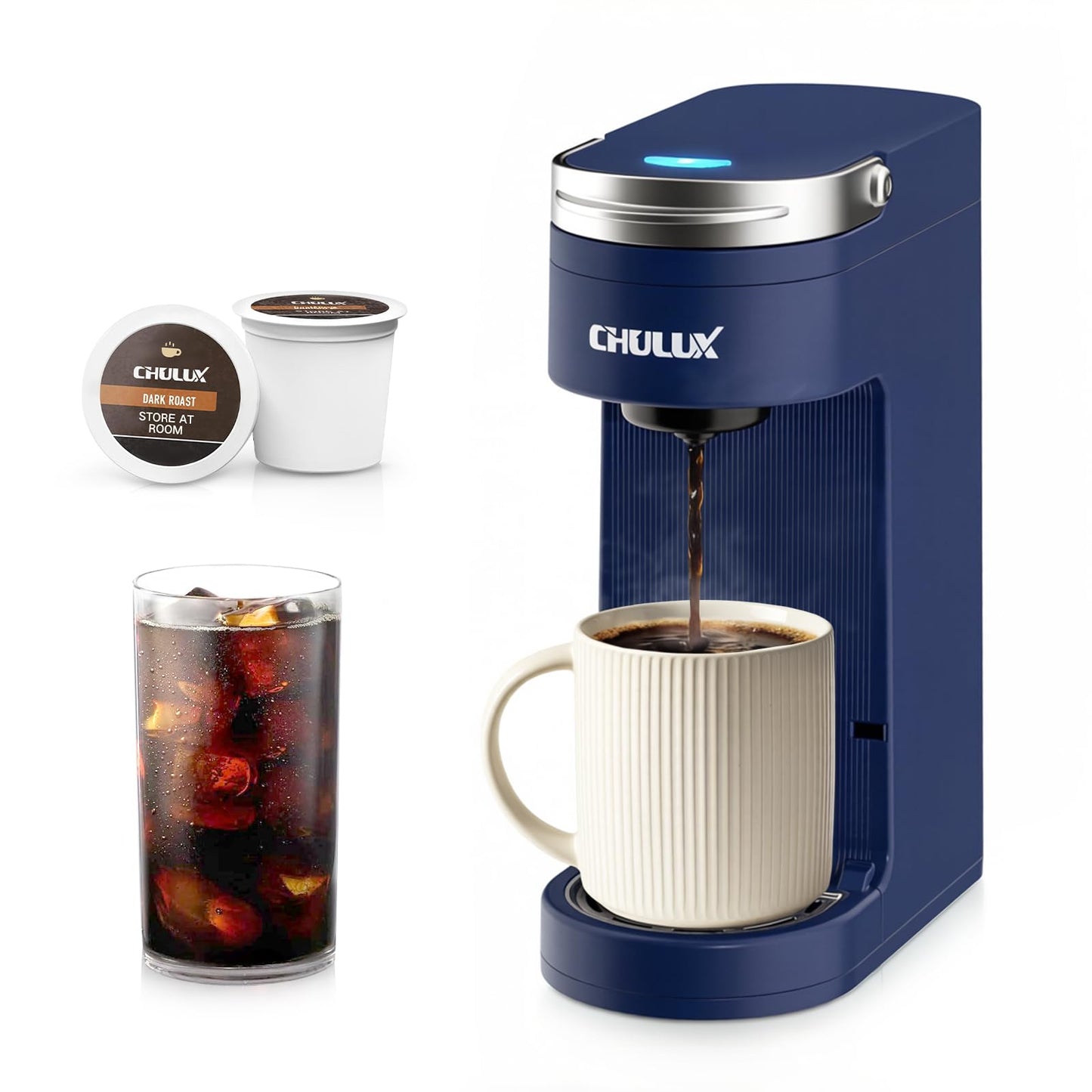 CHULUX Single Serve Coffee Maker for K Cups, One Cup Coffee Machine for Travel Mug, Fast Brewing, Auto Off, Matte Navy